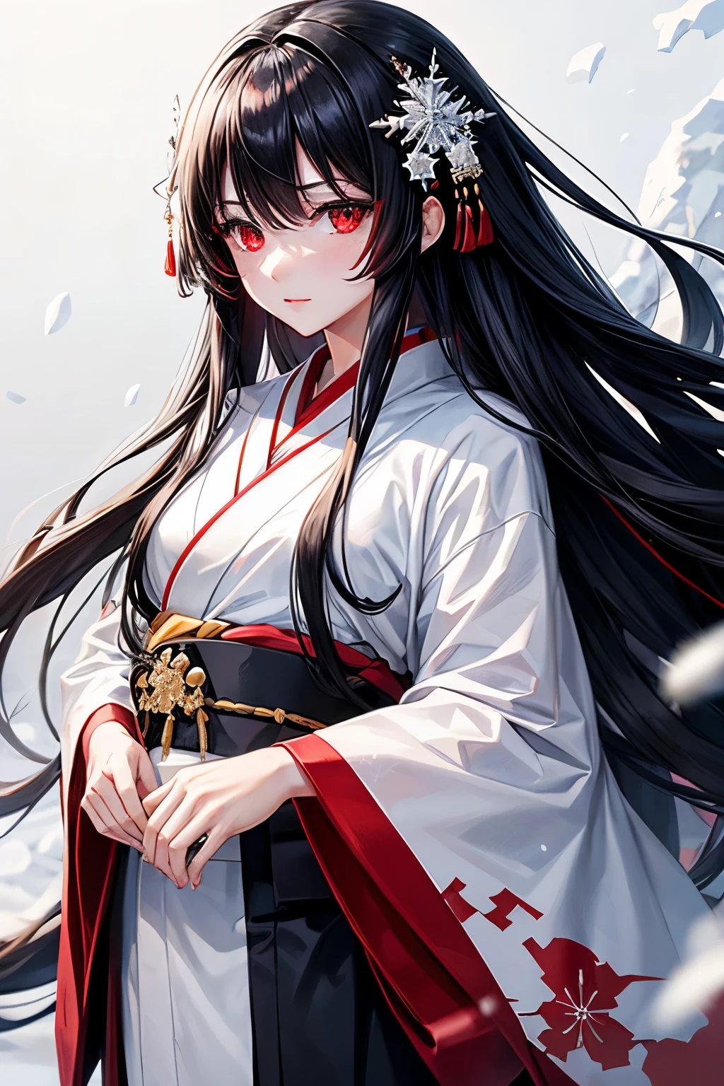 Long black hair, red eyes, female, white kimono, snow background