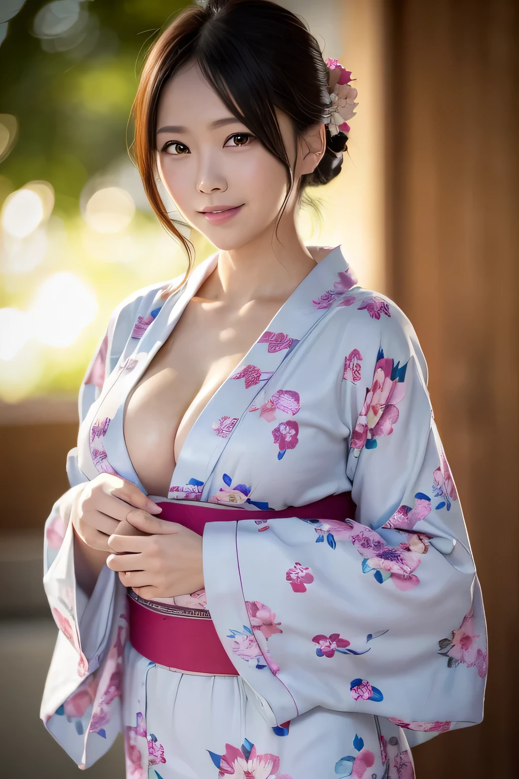 (masutepiece, Best Quality:1.4), ,The most beautiful in the world, 8K, 85 mm, absurderes, (floral pattern yukata:1.4), The upper part of the body, Exposing breasts、 violaceaess, gardeniass, Delicate girl, Solo, Night, Looking at Viewer, Upper body, Film grain, chromatic abberation, Sharp Focus, face lights, Professional Lighting, Sophisticated, (Smile:0.4), cleavage, (Simple background, Bokeh background:1.2),