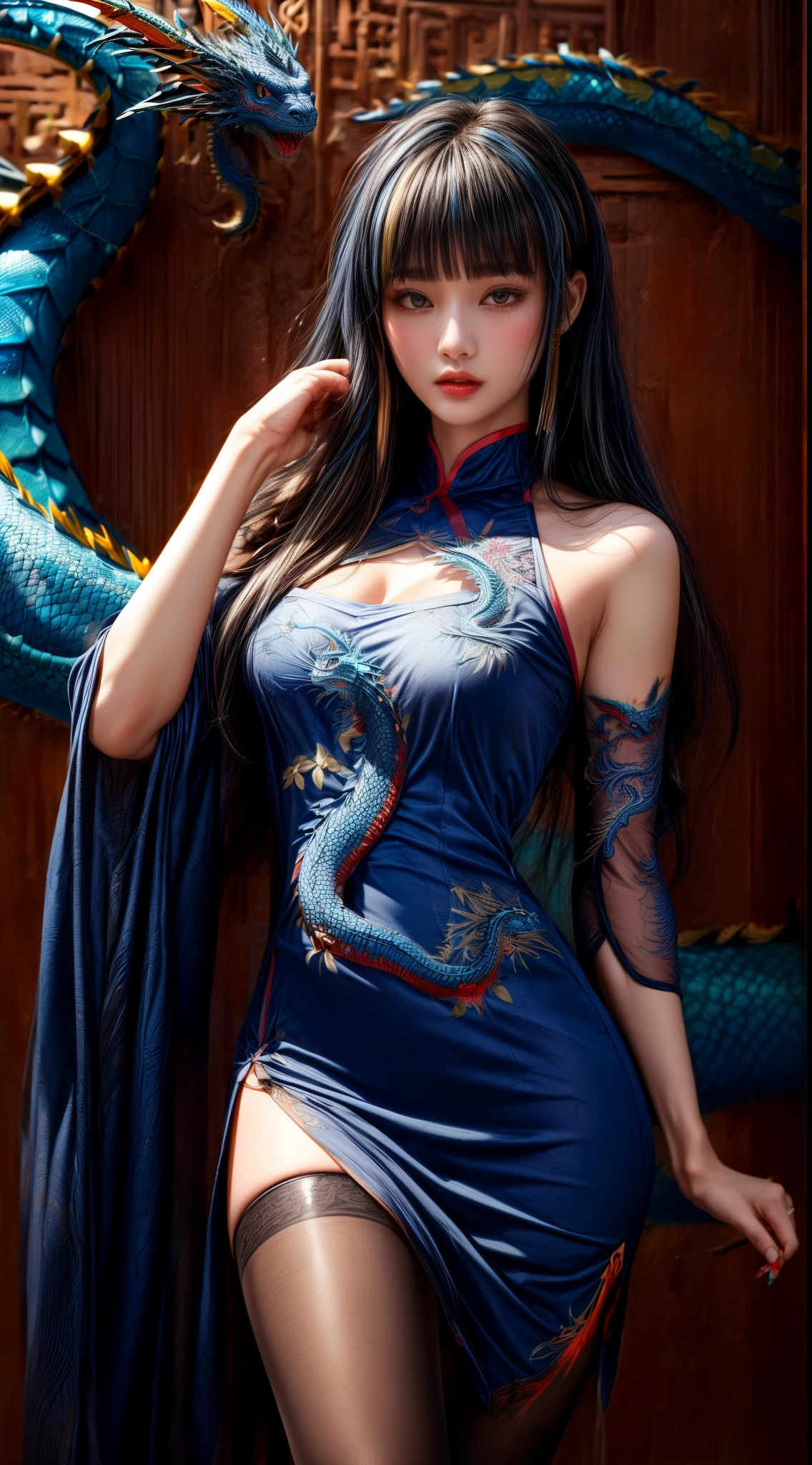 Mature Woman、((Dark blue hair))、((Black Hair))、(((Two-tone hair)))、((A Chinese dress with delicate embroidery of a blue dragon))、(((Sheer thin fabric dress)))、(((Detailed design)))、((((A wall with a blue dragon painted on it))))、Slender women、Cute Woman、8K Ultra HD,Detailed face、Delicate texture, Long Hair、(((Blunt bangs)))、(Thigh-length stockings)、Kung Fu Shoes、mini skirt、Chinese atmosphere、((Delicate photo)),(Girl Masterpiece RAW Photo Details:1.25), (highest quality:1.6), (超A high resolution:1.5), (Realistic:1.75), 8K resolution, Canon EOS R5, 50mm, Absurd, Very detailed,Cinema Lighting、nsfw
