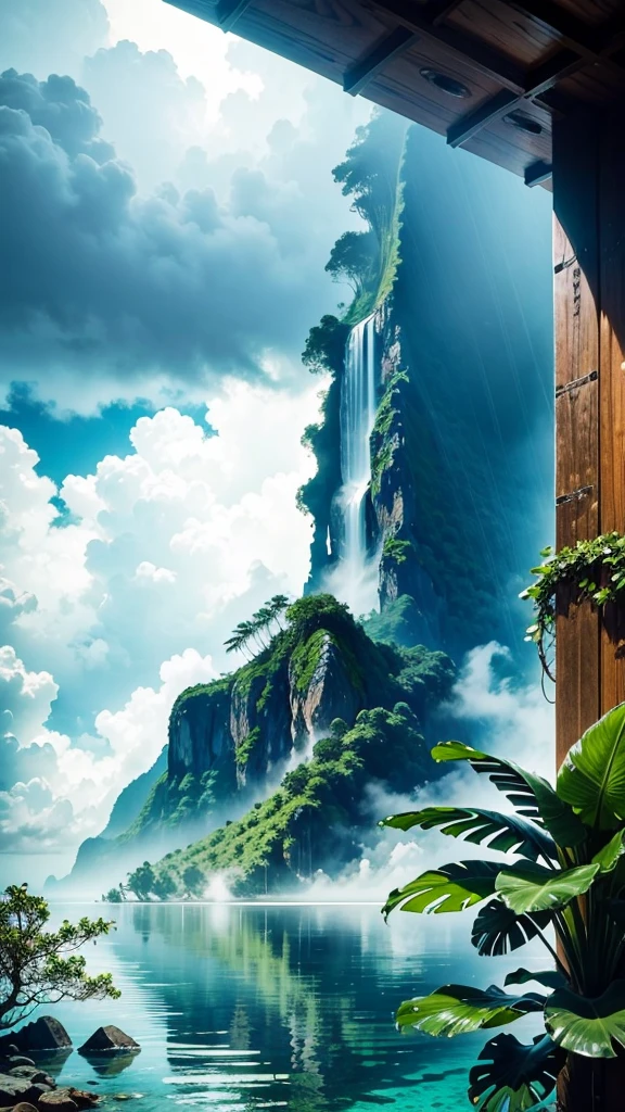 (tropical island),
rainy clouds,
fog,
steam,
rainy day,
tropical forest,
island view from kayak,
crystal clear water,