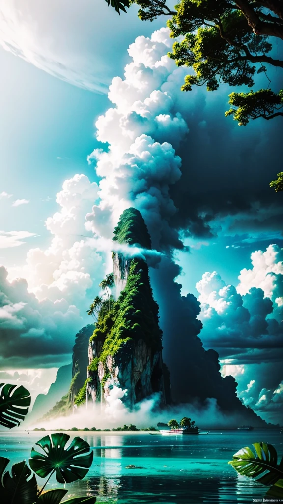 (tropical island),
rainy clouds,
fog,
steam,
rainy day,
tropical forest,
island view from kayak,
crystal clear water,
