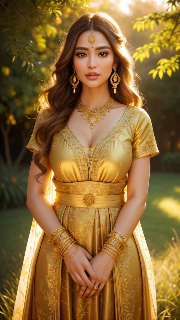 a beautiful woman with golden skin, long brown hair, wearing a golden dress, standing in a lush garden with golden flowers, (best quality,4k,8k,highres,masterpiece:1.2),ultra-detailed,(realistic,photorealistic,photo-realistic:1.37),highly detailed face, beautiful detailed eyes, beautiful detailed lips, extremely detailed eyes and face, long eyelashes, intricate golden jewelry, ornate golden patterns, warm golden lighting, glowing golden light, dramatic golden color grading, cinematic golden hues, golden hour photography, golden hour mood, magical golden fantasy