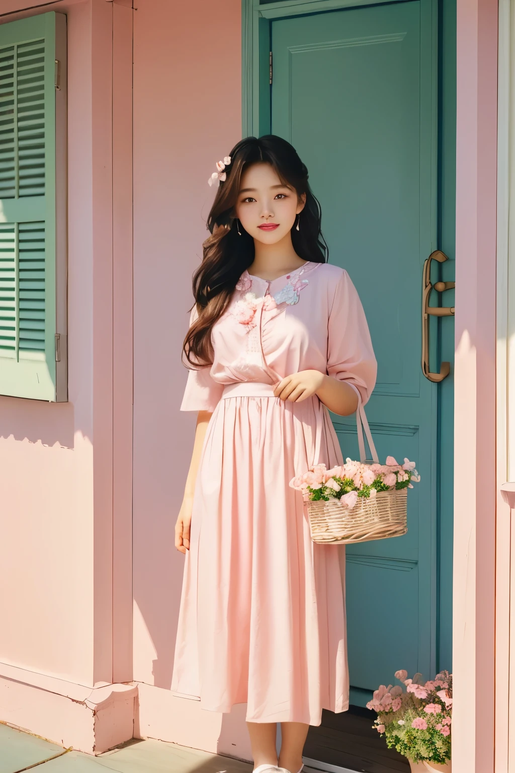 There is a woman standing by the window holding a flower basket., Full body cute lady, pastel colors, Feminine with cute pastel tones, pink clothes, In pastel tones, In soft pink color, Summer morning sunshine, pastel clothing, Against the backdrop of natural light, Korean female fashion model, feminine In pastel tones, (Highly detailed facial expressions),