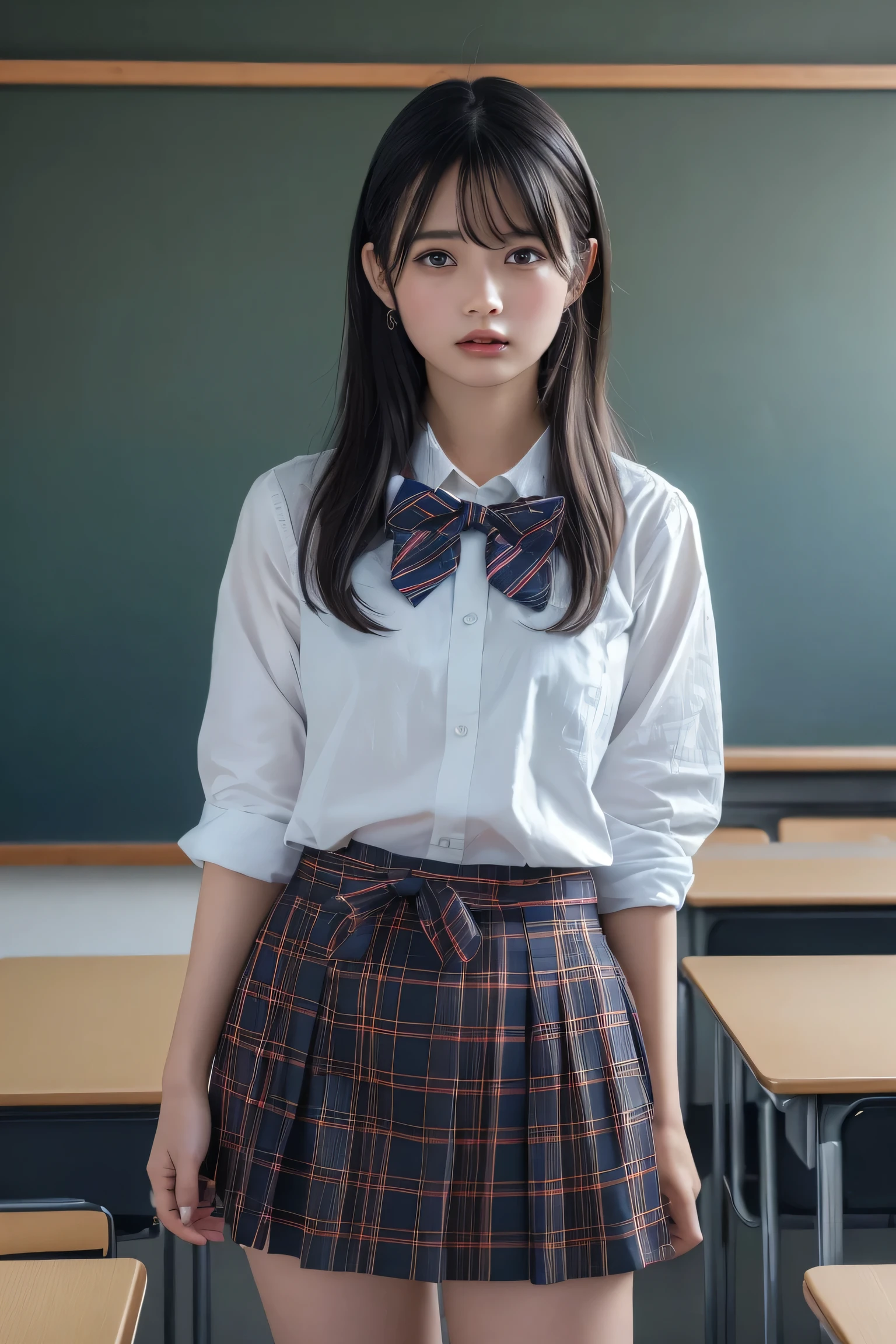 (best quality:1.4),(masterpiece:1.4),(photorealistic:1.4),(Realistic:1.2),(ultra high res, raw photo:1.4),(hdr, hyperdetailed:1.2),(8K:1.2),cinematic photo,photo of black hair,1girl,solo,wearing ,plaid skirt,kneehighs,bowtie,standing,((Japanese classroom)),