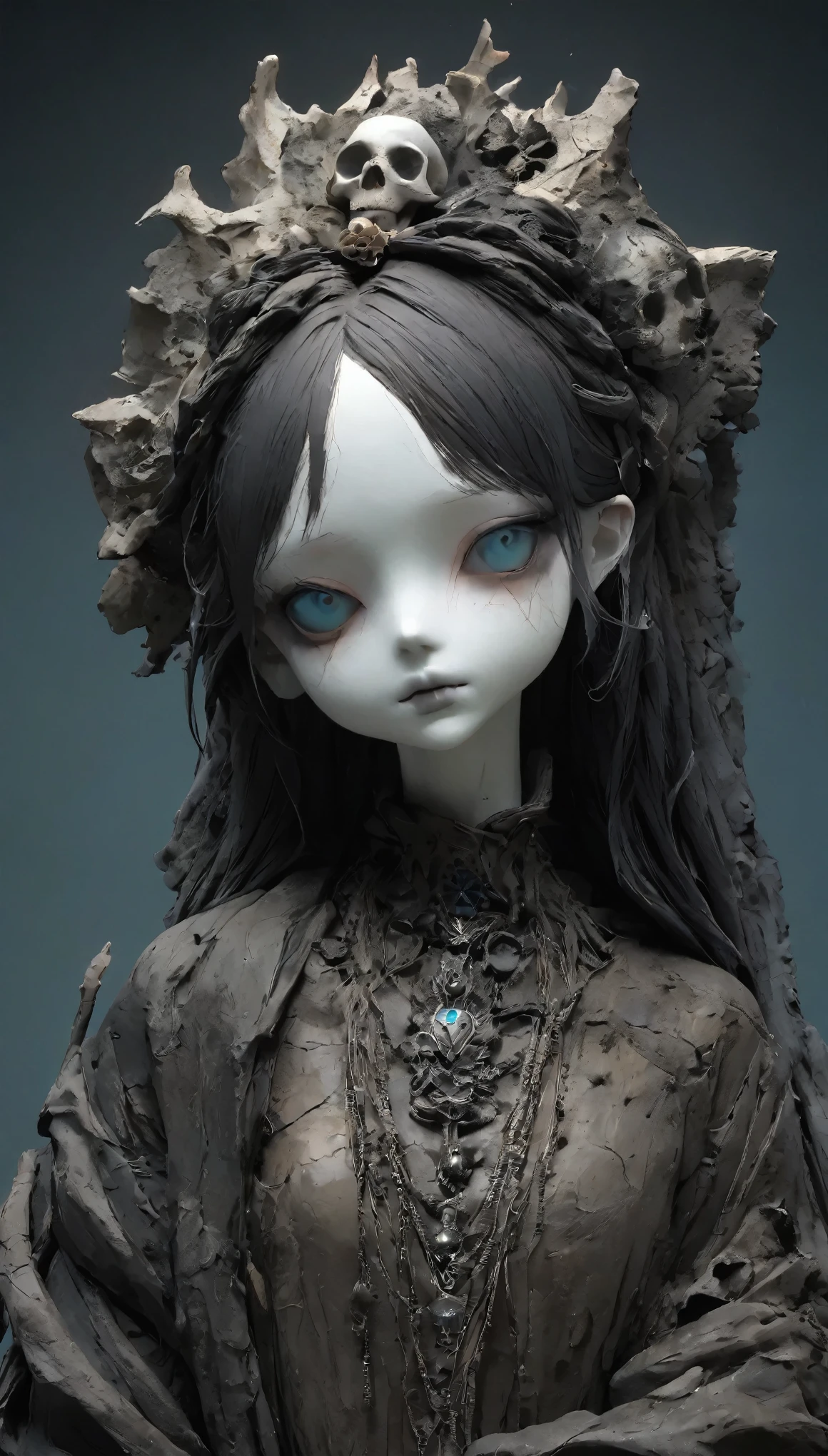 💀、☠、girl、❤、💀、Dark fantasy、💀🥵💗、old，dirty， mineral pigments，3D粘土Clay sculpture艺术，Clay sculpture、One Woman、