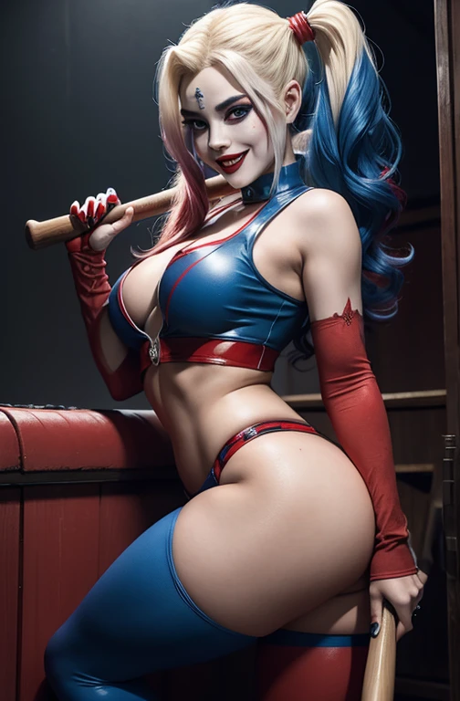 The actress Nata Lee as character Harley Quinn, perfect costume, upturned buttock, beautiful legs, traditional red and blue hairstyle, sadistic smile, Baseball bat, traditional face makeup