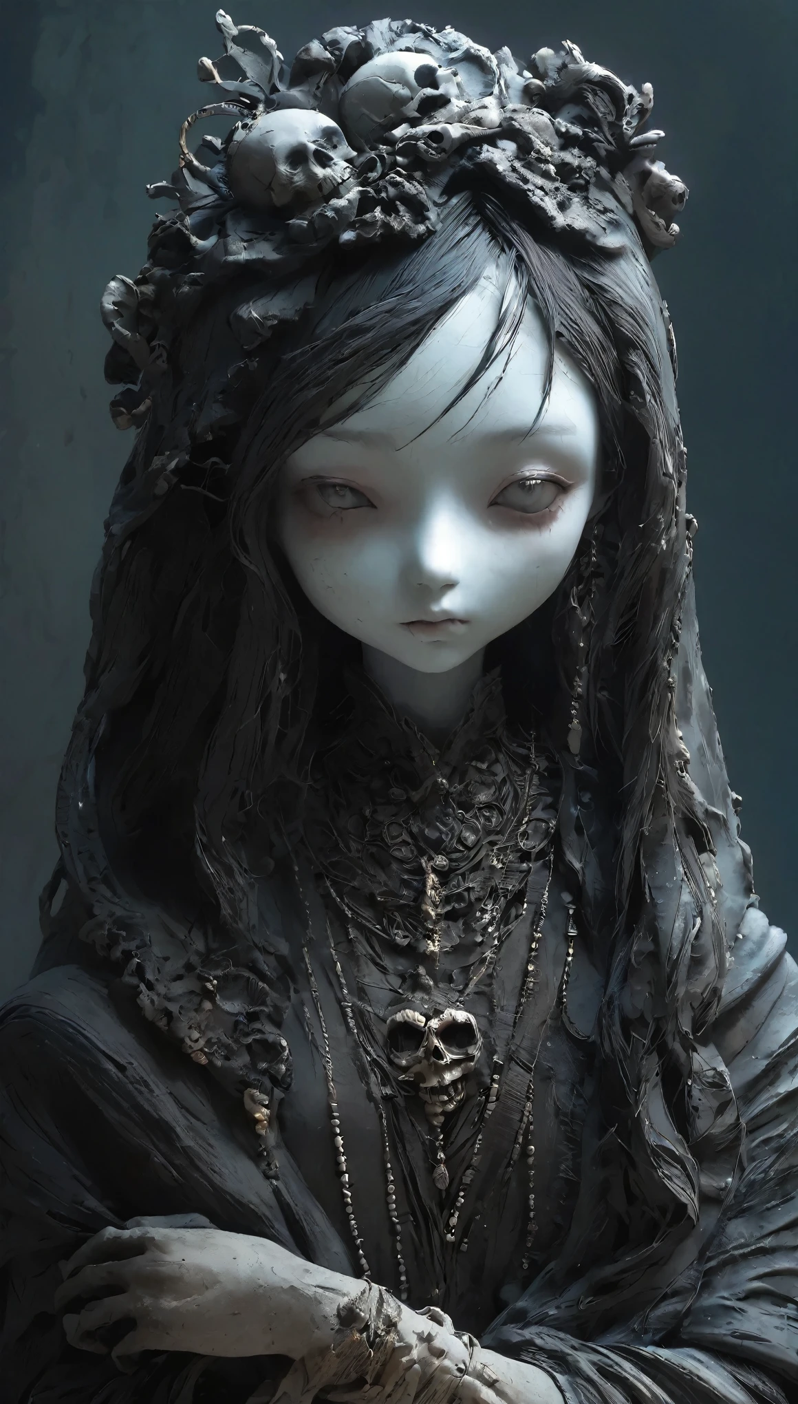 💀、☠、girl、❤、💀、Dark fantasy、💀🥵💗、old,dirty, mineral pigments,3D粘土Clay sculpture艺术,Clay sculpture、One Woman、