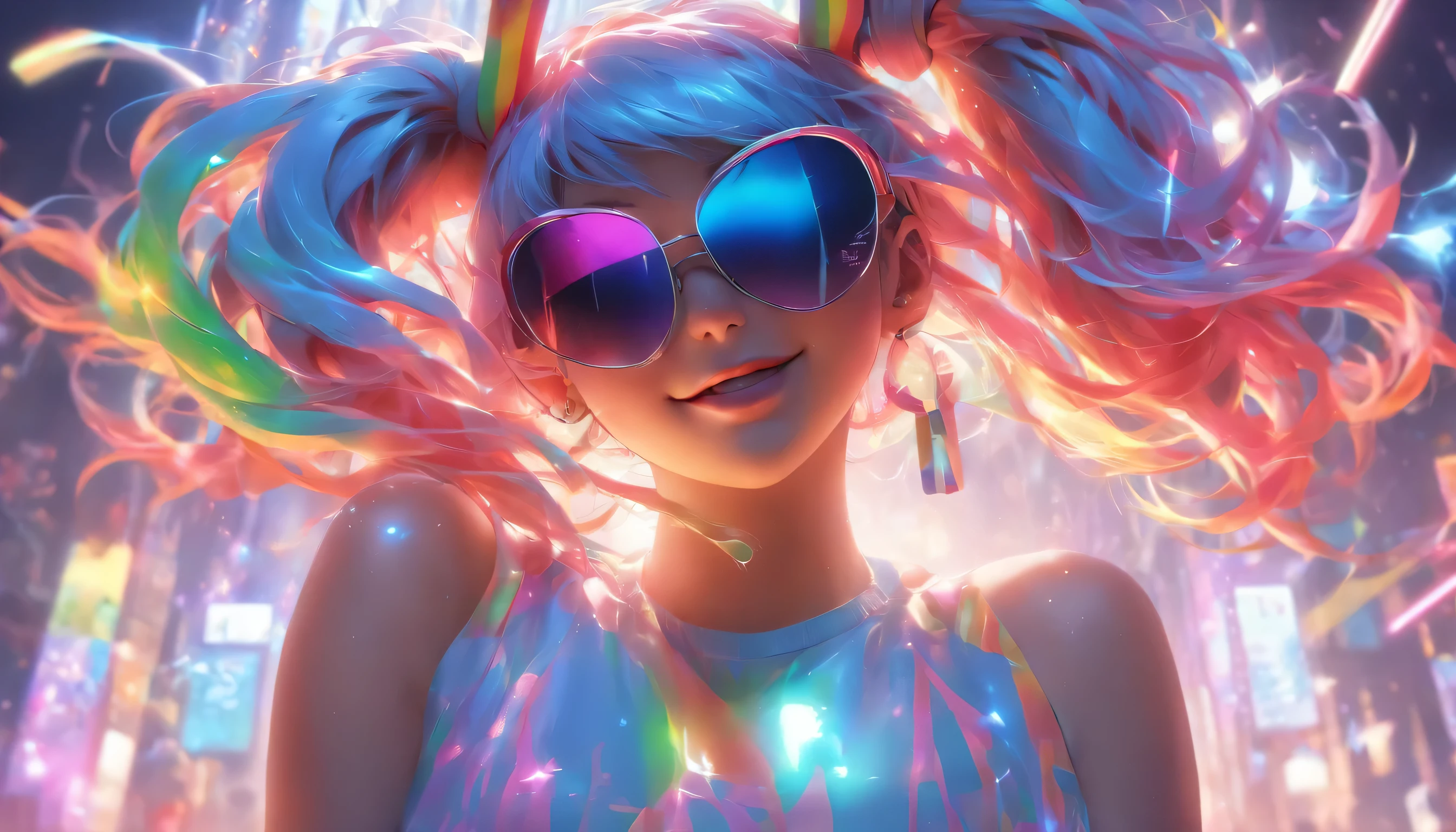 Transparent color PVC clothing, Transparent colorful vinyl Bunny girl, Prismatic, Holographic, chromatic aberration, Fashion Illustration, masterpiece, DJ Girl, View Viewer, 8k, Super detailed, Pixiv、((Colorful Hair))、Wearing headphones、、((Bunny girl))、((A pose that emphasizes the chest))、(((Rainbow Hair)))、((He's wearing cool sunglasses))、((Long legs))、(((The whole body is shown)))