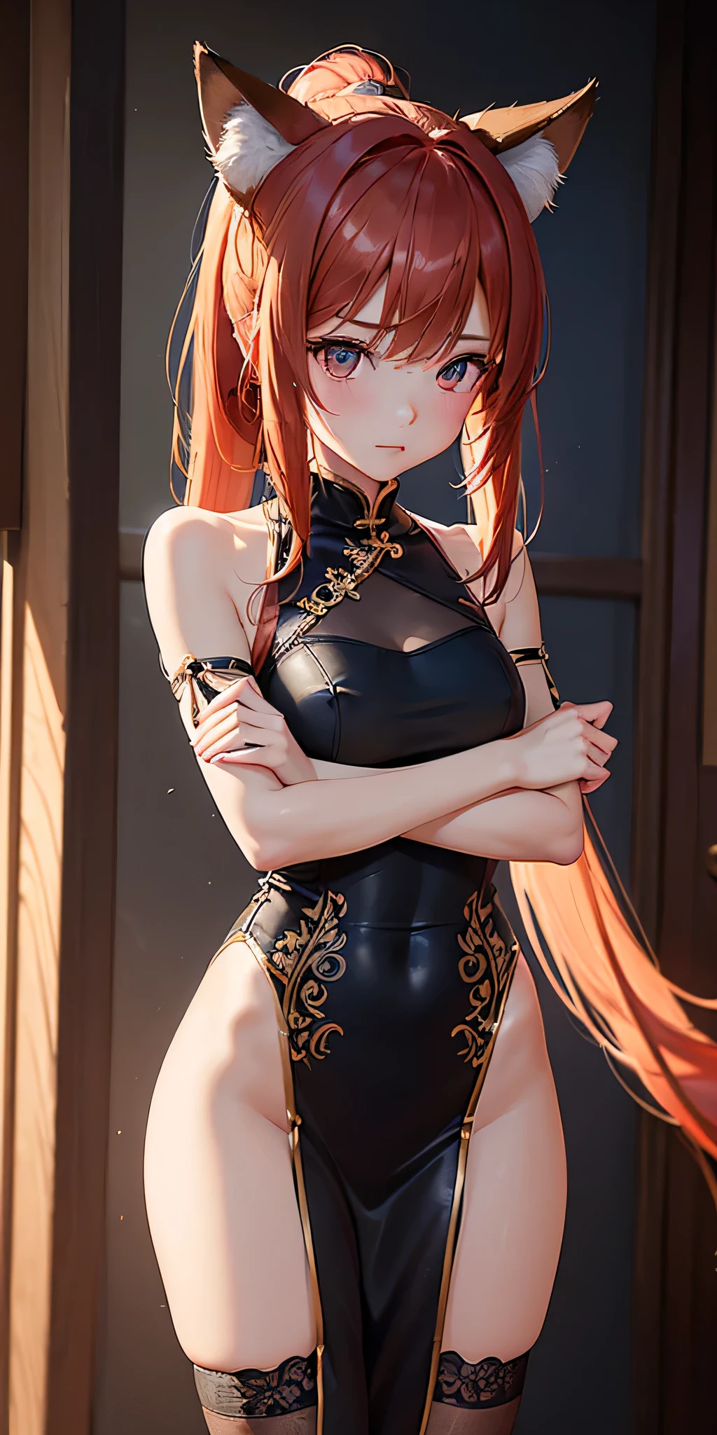(((professional: Step by step, taking into account even the smallest detail, God-level final result, all intricate details, cowboy shot, solo 1girl view))): "1 fox girl, ruby eyes, fox ears, fox tail, high ponytail, firm breasts, medium breasts, smug, cute, short black china dress, very low-cut, short (very light clothing very thin and transparent like air), side full body, pelvic curtain, thigh ribbon, (pumps:1), (hugging own leg:1.1), chinese style, indoors, sharp focus, looking at viewer, (intricate:1.3), red light theme, (orange tone:0.7), illustration, hair and clothes blown up by strong wind, see body "