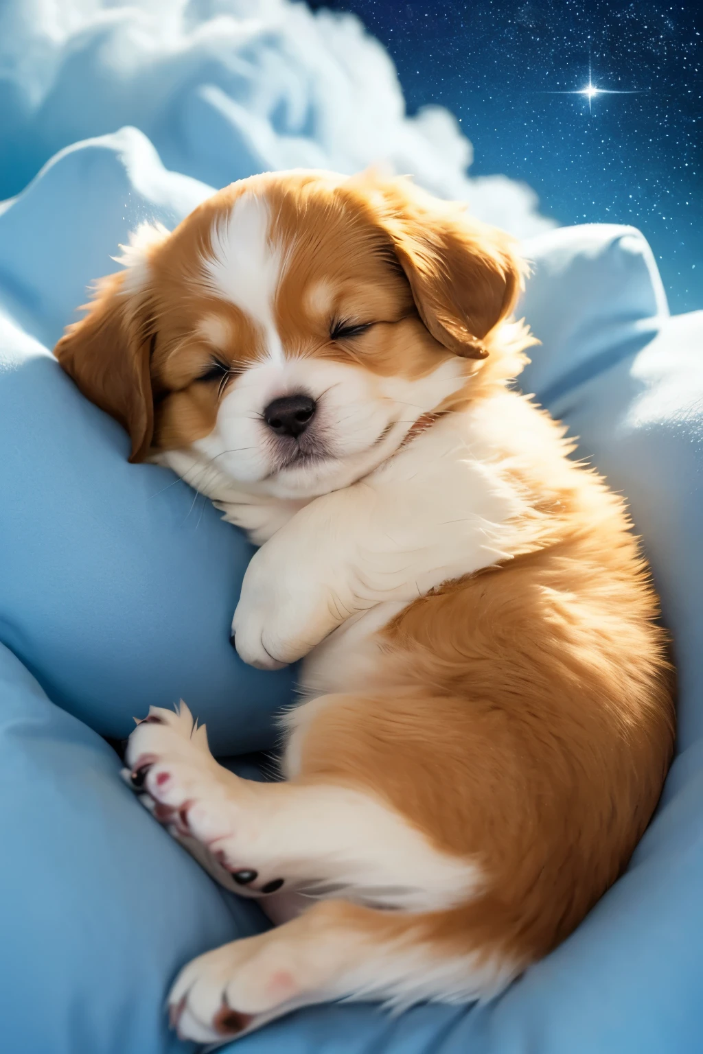 Generate a Disney-Pixar style 3D image of an adorable, soft, and fluffy puppy peacefully sleeping, curled up tightly in a ball on top of clouds at an altitude of 15,000 meters. The puppy should be nestled just like in the provided image, with its head resting on its tail and its body forming a small, cozy ball. The fluffy white clouds should be softly glowing. The puppy's fur should look incredibly soft and plush, gently swaying in the breeze. Ensure the puppy's eyes are closed, showing it is peacefully asleep. The background features a starry night sky, with twinkling stars and a calm, serene atmosphere. The overall scene should be dreamy, tranquil, and fantastical, with vibrant colors, whimsical charm, and expressive character design typical of Disney-Pixar animation. Emphasize the softness and cuddliness of the puppy, making it appear extra huggable and endearing