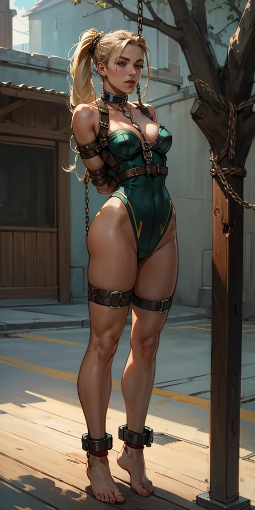 (masterpiece, best quality), intricate details, 1girl, Cammy White from Street Fighter (standing full body toe to head by wooden pole:1.2) iron collar, arms behind back, iron cuffs, shackles, bound, bondage outfit, harness, o-ring, bondage outfit blindfolded cover eyes, happy red cheeks, chain leash collar choker neck bell shackles wristbands bracers bracelets, cleave gag