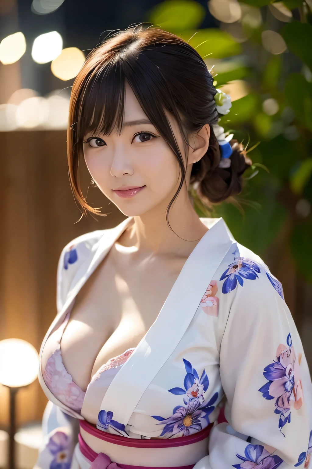 (masutepiece, Best Quality:1.4), ,The most beautiful in the world, 8K, 85 mm, absurderes, (floral pattern yukata:1.4), The upper part of the body, Exposing breasts、 violaceaess, gardeniass, Delicate girl, Solo, Night, Looking at Viewer, Upper body, Film grain, chromatic abberation, Sharp Focus, face lights, Professional Lighting, Sophisticated, (Smile:0.4), cleavage, (Simple background, Bokeh background:1.2),