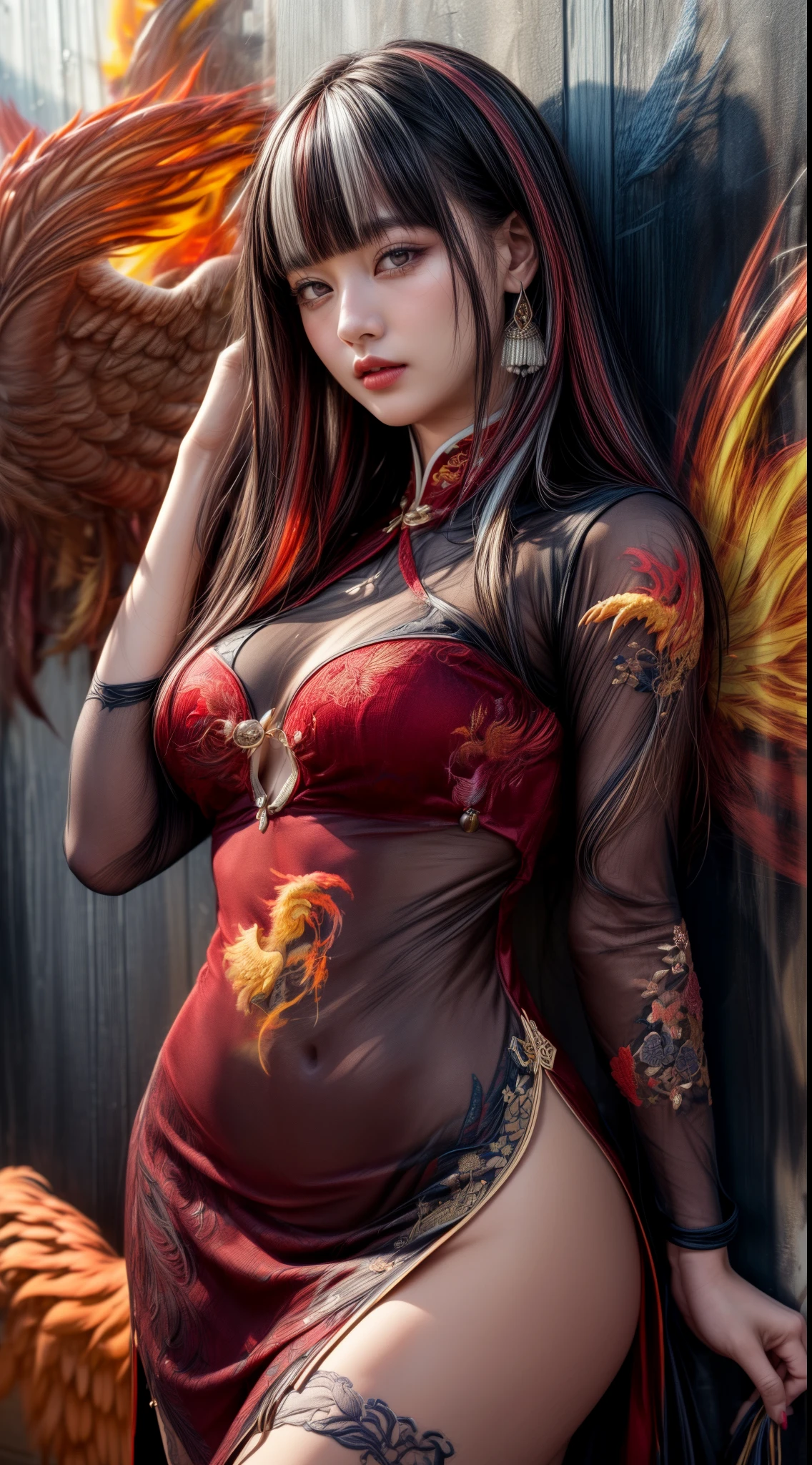 Mature Woman、(Crimson Hair)、(Black Hair)、(((Two-tone hair)))、(((A Chinese-style dress with delicate phoenix embroidery)))、(((Sheer thin dress)))、((((A wall painted with a phoenix))))、(((Detailed design)))、Slender women、Cute Woman、 8K Ultra HD,Detailed face、Delicate texture, Long Hair、(((Blunt bangs)))、Wavy Hair、thigh length stockings、Slit Skirt、Chinese atmosphere、((Delicate photo)),(Girl Astepeace RAW Photo Details:1.25), (highest quality:1.6), (超A high resolution:1.5), (Realistic:1.75), 8K resolution, Canon EOS R5, 50mm, Absurd, Very detailed,Cinema Lighting、nsfw:1.1