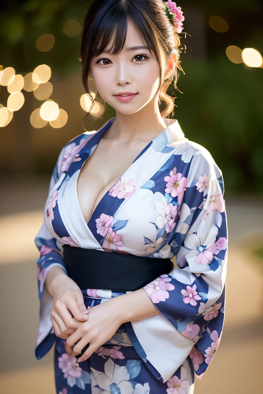 (masutepiece, Best Quality:1.4), ,The most beautiful in the world, 8K, 85 mm, absurderes, (floral pattern yukata:1.4), The upper part of the body, Exposing breasts、 violaceaess, gardeniass, Delicate girl, Solo, Night, Looking at Viewer, Upper body, Film grain, chromatic abberation, Sharp Focus, face lights, Professional Lighting, Sophisticated, (Smile:0.4), cleavage, (Simple background, Bokeh background:1.2),