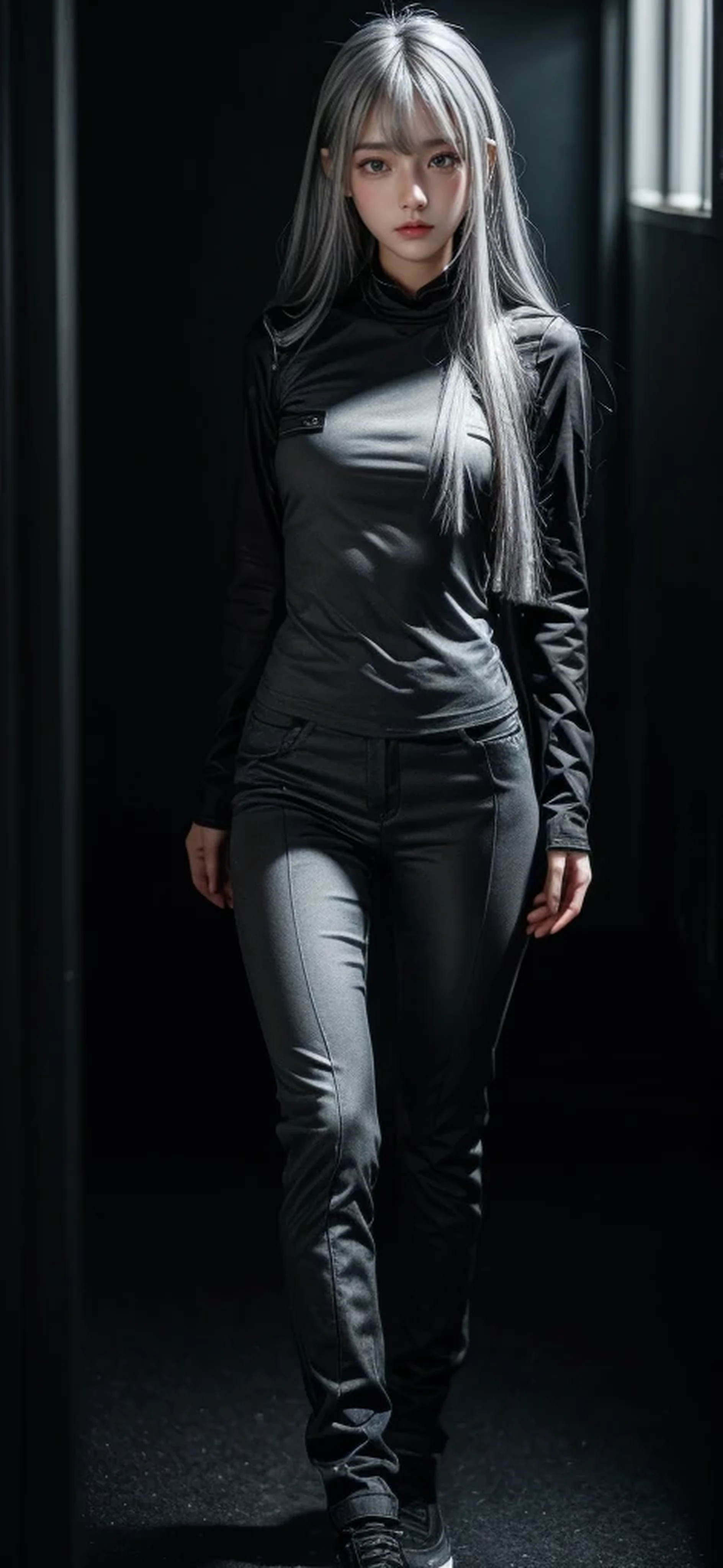 pants,black military uniform,whole body,Height: 168cm,almond shape eyes,{{{{{silver eyes}}}}},{{{{{dull bangs}}}}},(slanted eyes},{{whole body},{{{1 girl}}}, long hair, straight hair,{{{{silver hair}}}},{{{tsurime}}},30 years old,{Medium chest},{{bush}},silver eyes,{{{masterpiece}}}, {{{highest quality}}}, {{Super detailed}}, {shape}, {{very delicate and beautiful}},very detailed,detailed perfect,detailed hyper,Abundant thighs,big ass