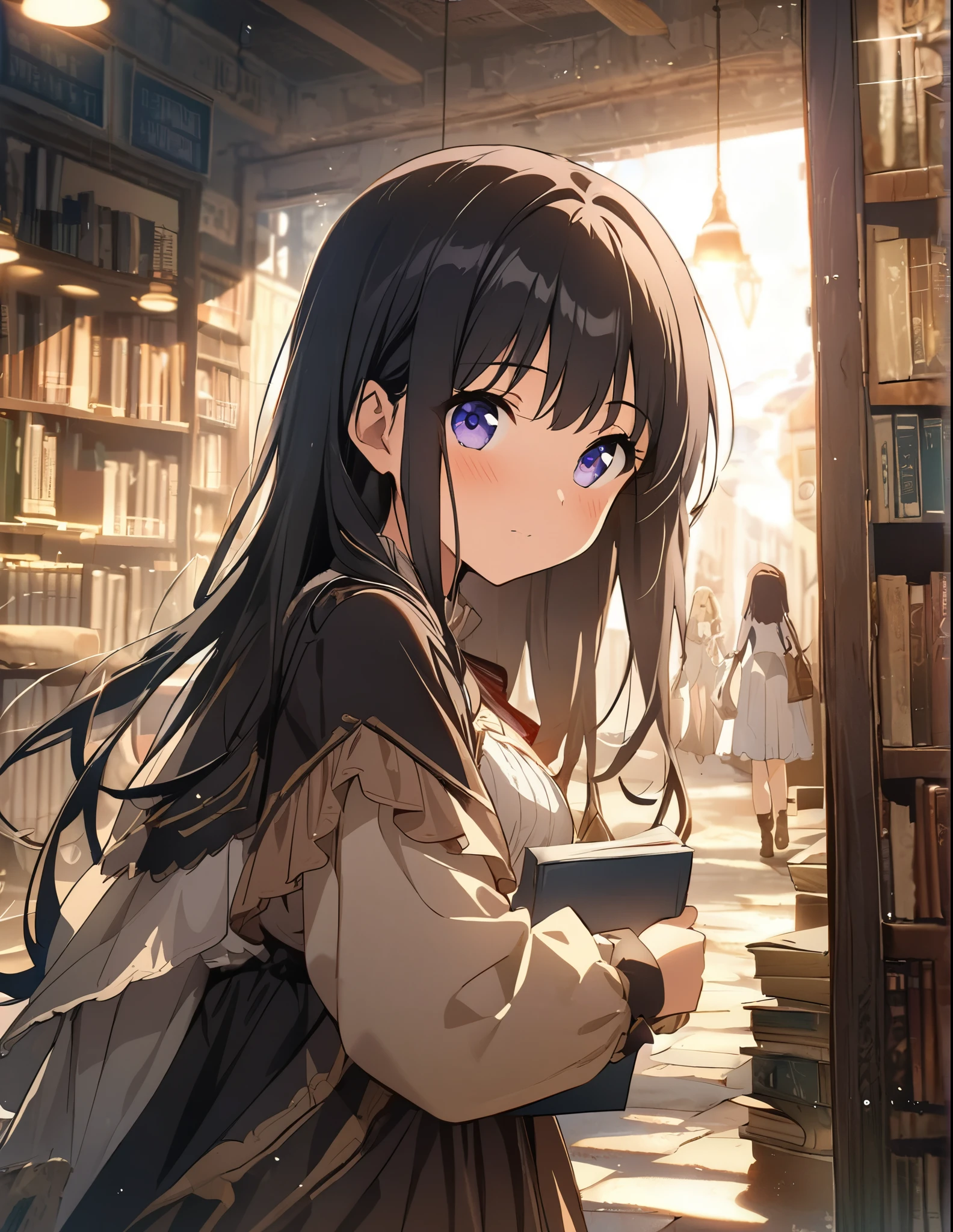 (anime)、(masterpiece:1.2),atmospheric perspective,lens flare、Old bookstore、Another world view、Girl looking for a book、Otherworldly costumes、clear、Black Hair、cute、The light is coming in through the window and the dust is shining like streaks of light.、Light production、Nostalgic atmosphere、1People Girls