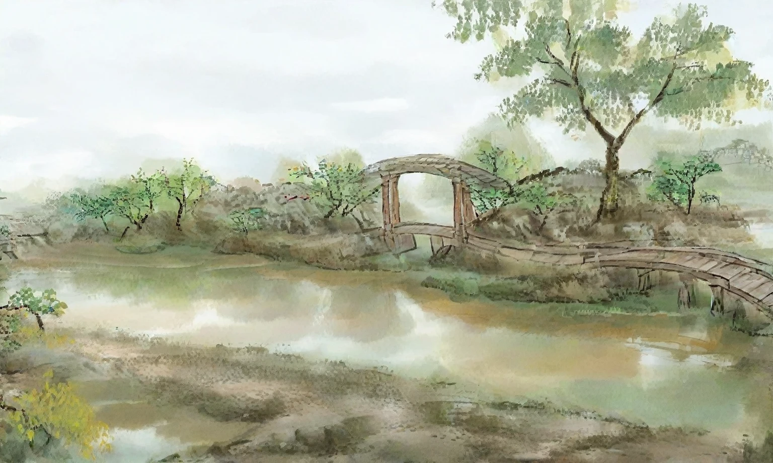 This is an oil painting,Large freehand oil painting,There is a bridge across a small pond in the park, ancient Chinese Architecture, Stone Bridge, Tang Dynasty Palace, nice images, Bridges over water, crooked bridge, qiangshu, Chinese Architecture, Kibashi, Fairyland Bridge, background, old bridge, footbridges between houses, Guangjianhuang, royal garden landscape, stunning images,
