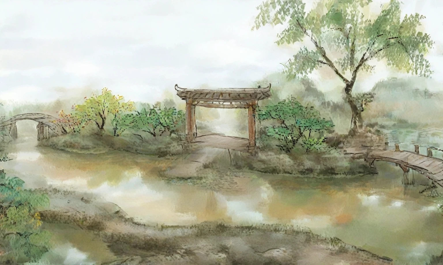 This is an oil painting,Large freehand oil painting,There is a bridge across a small pond in the park, ancient Chinese Architecture, Stone Bridge, Tang Dynasty Palace, nice images, Bridges over water, crooked bridge, qiangshu, Chinese Architecture, Kibashi, Fairyland Bridge, background, old bridge, footbridges between houses, Guangjianhuang, royal garden landscape, stunning images,