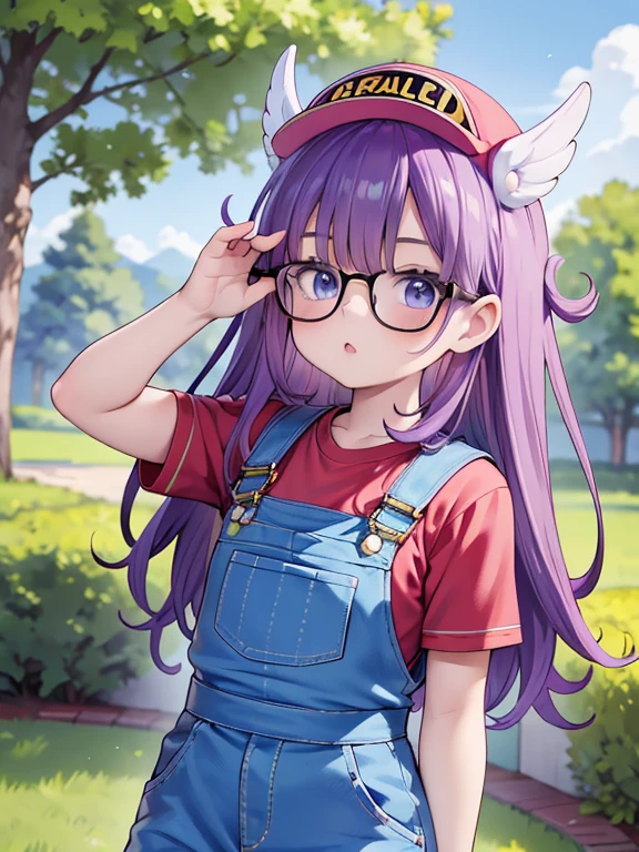 masterpiece, highest quality, Very detailed, 16k, Ultra-high resolution, Cowboy Shot, Detailed face, Perfect Fingers, One ***************, Garden of the mansion, arale, glasses, blue eyes, long hair, purple hair, short sleeves, wing hat, wing cap, red shirt, blue overalls