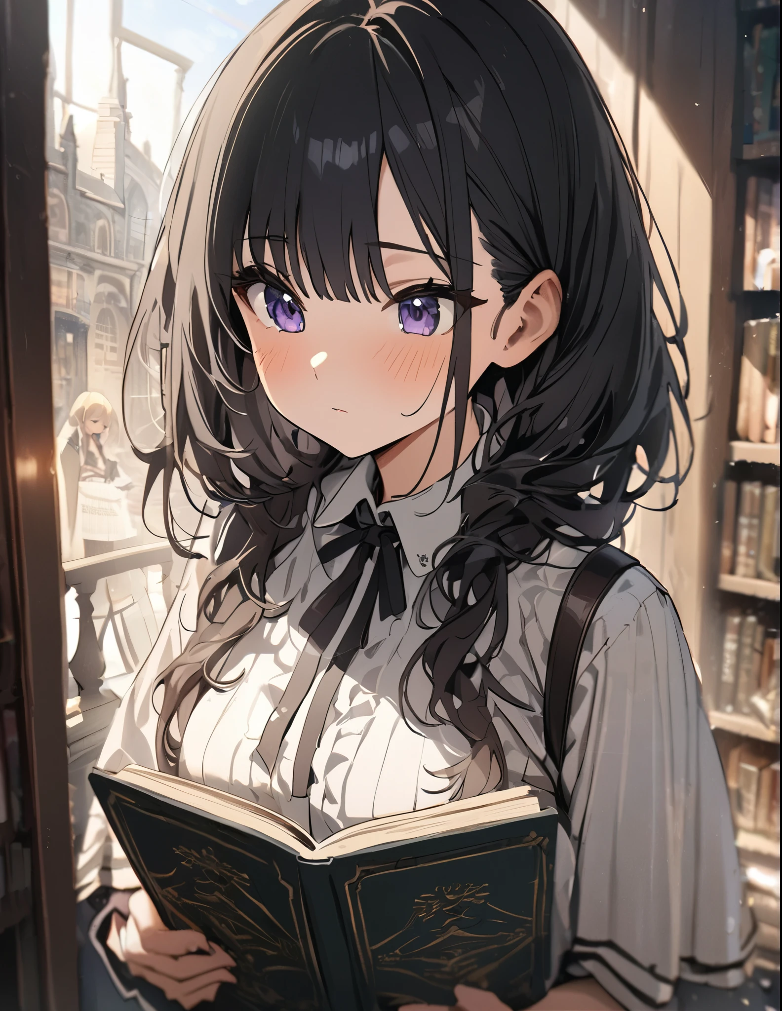 (anime)、(masterpiece:1.2),f/1.8, 35mm, UHD, textured skin, super detail, award winning, high details, high quality, best quality, highre,Old bookstore、Another world view、Girl looking for a book、Otherworldly costumes、clear、Black Hair、cute、The light is coming in through the window and the dust is shining like streaks of light.、Light production、Nostalgic atmosphere、1People Girls