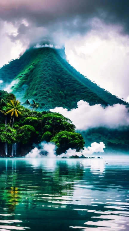 (tropical island),
rainy clouds,
fog,
steam,
rainy day,
tropical forest,
island view from kayak,
crystal clear water,