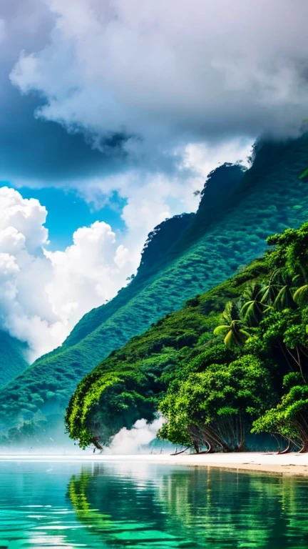 (tropical island),
rainy clouds,
fog,
steam,
rainy day,
tropical forest,
island view from kayak,
crystal clear water,