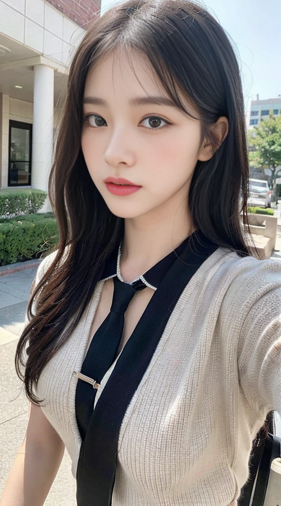 ((Best Quality, 8K, masutepiece:1.3, 1 girl, Beautiful Girl)), Cute, Dynamism, Detailed face, Detailed skin, Detailed eyes, Detailed lips, Detailed fingers, Detailed mouth, detailed tooth, Detailed tongue, Round eyes, Tear bag, Photorealistic, Raw photo, Natural light, highres, Perfect Anatomy, toned legs, highres, detailed clothes, sweaty, (pantyhose), , white shirt, tie, pleated skirt, outdoor, wavy hair, big breasts:1.1