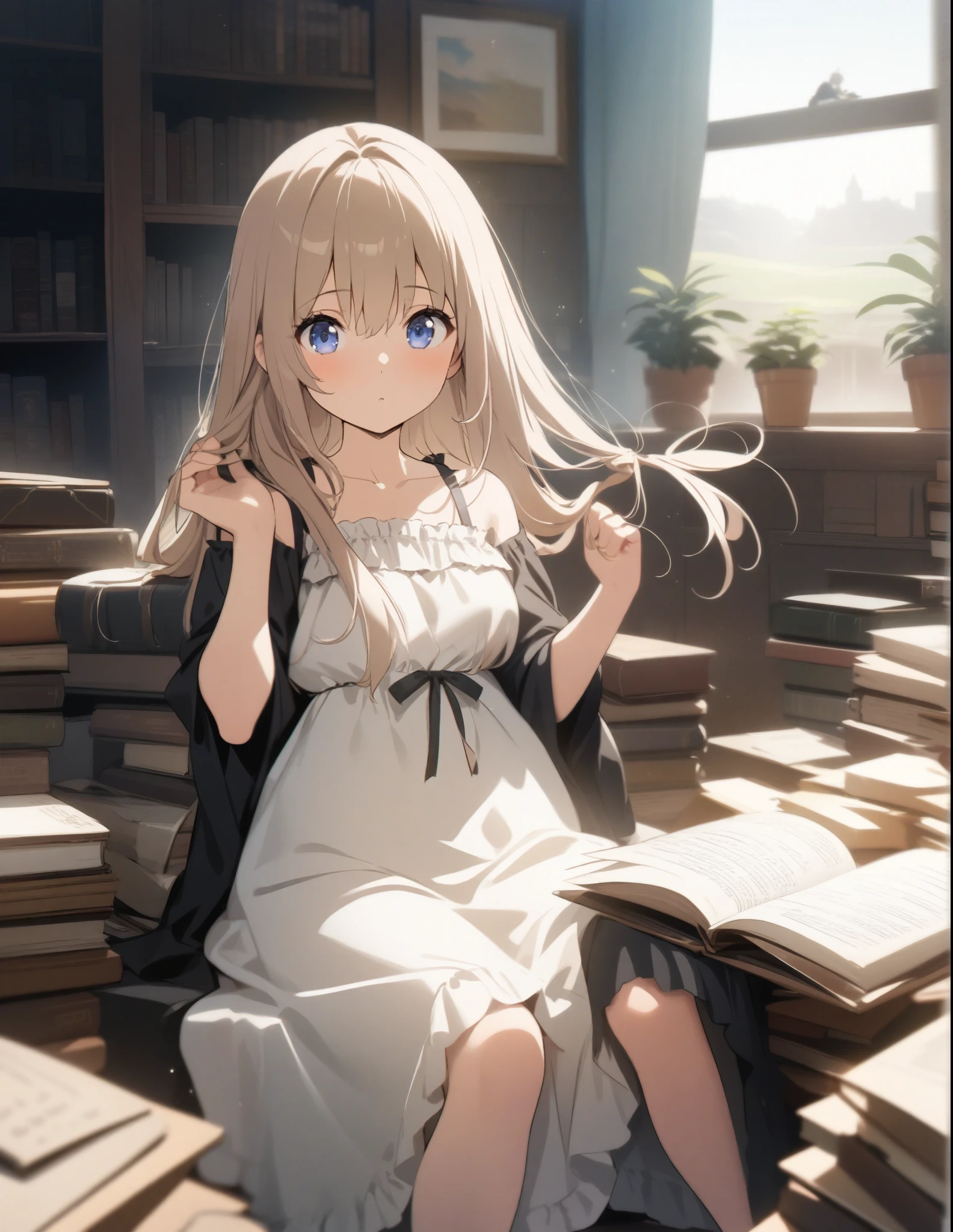 f/1.8, 35mm, award winning, high quality, best quality, highres、(anime)、(masterpiece:1.2)、Old bookstore、Another world view、Girl sitting on book、Otherworldly costumes、cute、The light is coming in through the window and the dust is shining like streaks of light.、Light production、Nostalgic atmosphere、1People Girls、The wind blows my hair
