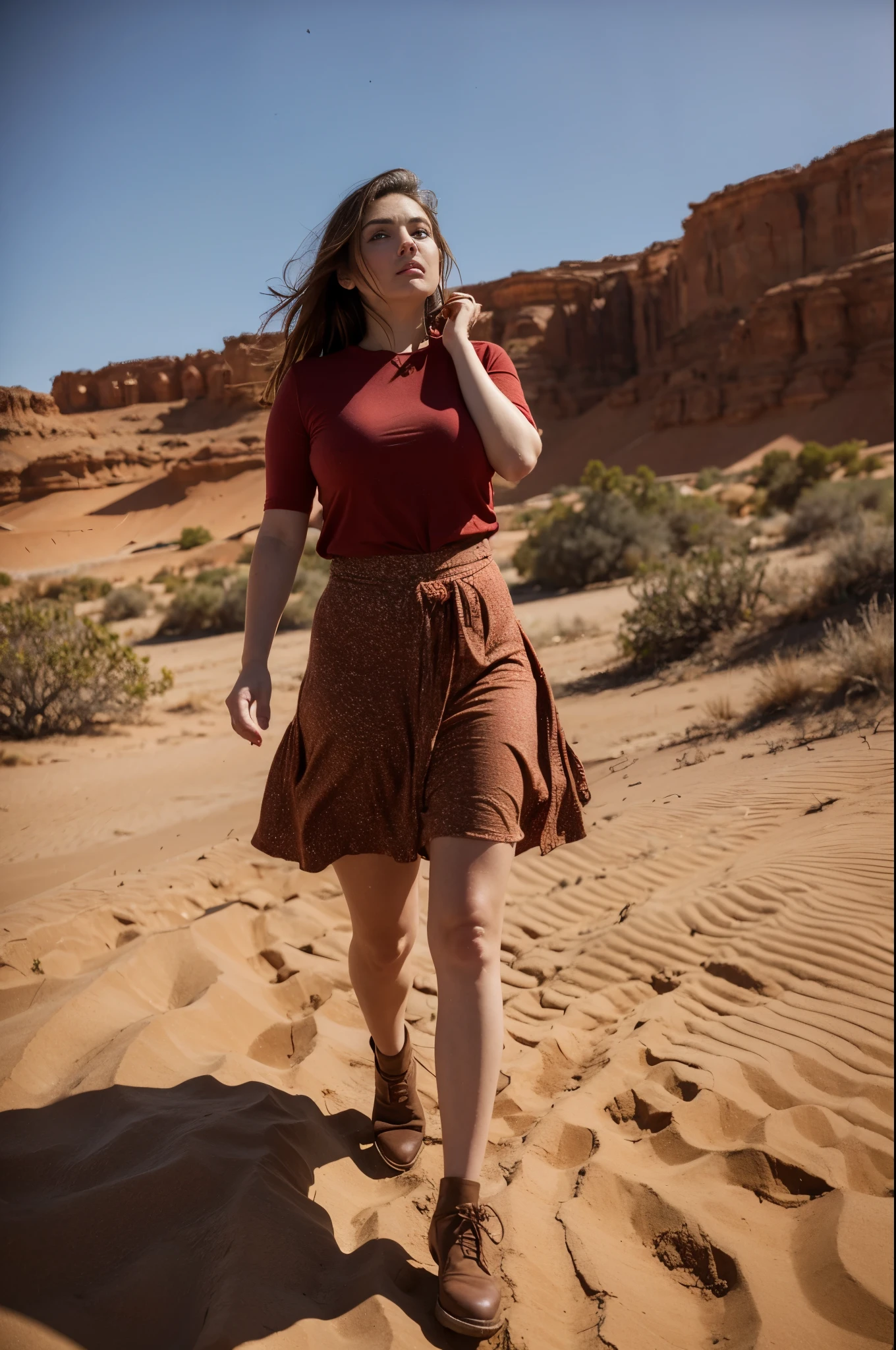 beauty plump woman with brown hair in red shoes in red，Refined looks，Fairy air fluttering，The gauze skirt flew up，Take photos in the desert，ultra-realistic realism，color field printing，high detal，hyper HD，anatomy correct，cinematic lighting 4d quality