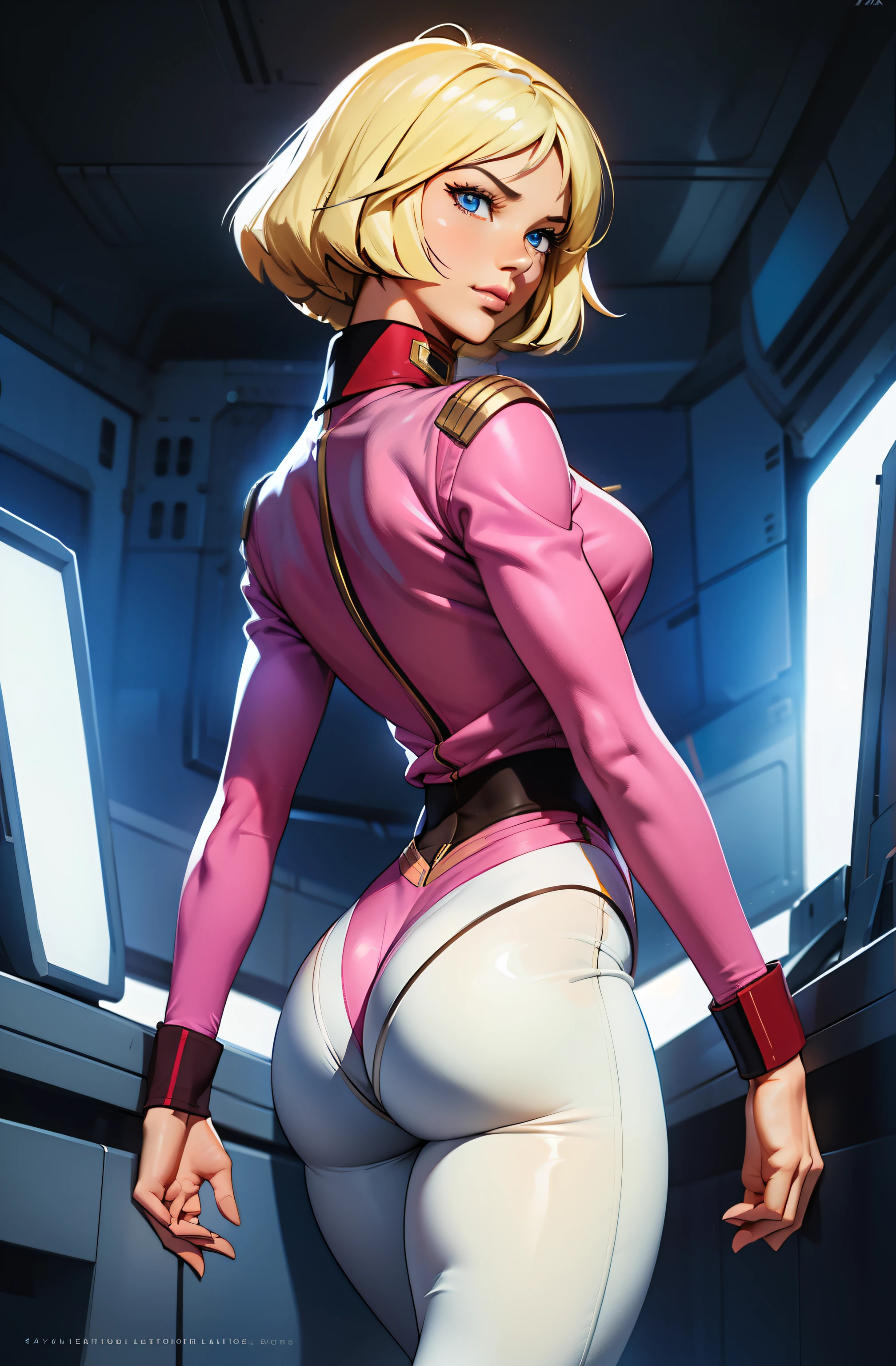 (Sayla Mass= beautiful girl:1.997), ((Sayla Mass masturbates with vibrators:1.999)), (masterpiece　complete limbs　8 heads and bodies　full finger　realistic　highest quality　High resolution　real women pictures:1.87), realistic, (Earth Federation Army Uniform　Peach-colored uniform　beautiful girl in uniform:1.97), (Big Vibrators:1.97), curved body, Beautiful depiction of the vagina, (slender body shape:1.7), Sayla Mass trembles from the vibrations of a vibrator in her vagina, blonde bob cut, (The girl&#39;s beautiful legs and crotch are exposed), thin waist, Beautiful thighs, (All skin is absolutely beautiful), (Vibrators in the vagina:1.97), (The body is wet with lotion), ((Sayla Massが膣にvibratorを入れて腰をくねらせる:1.79), (accurate limbs:1.79), beautiful small face　elbow　knees　armpit, (put your hands behind your head:1.5), (lips slightly open), Sayla Mass is the cutest, (The uniform is pink:1.79)