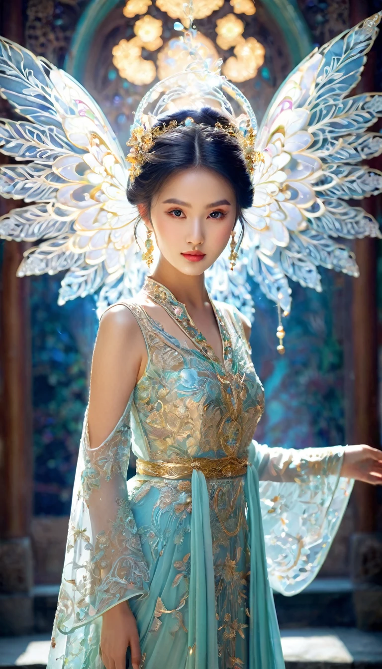 Create an image of a stunningly beautiful Asian girl with an angelic, innocent face. She should be adorned with radiant, intricate jewelry that catches the light. Her attire should be mystical and captivating, featuring rich fabrics, flowing designs, and intricate patterns that evoke a sense of wonder. The overall impression should be one of enchanting elegance, with a magical and mysterious aura surrounding her. Her posture and expression should convey a sense of ethereal grace and otherworldly charm.