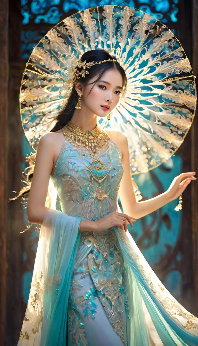 Create an image of a stunningly beautiful Asian girl with an angelic, innocent face. She should be adorned with radiant, intricate jewelry that catches the light. Her attire should be mystical and captivating, featuring rich fabrics, flowing designs, and intricate patterns that evoke a sense of wonder. The overall impression should be one of enchanting elegance, with a magical and mysterious aura surrounding her. Her posture and expression should convey a sense of ethereal grace and otherworldly charm.