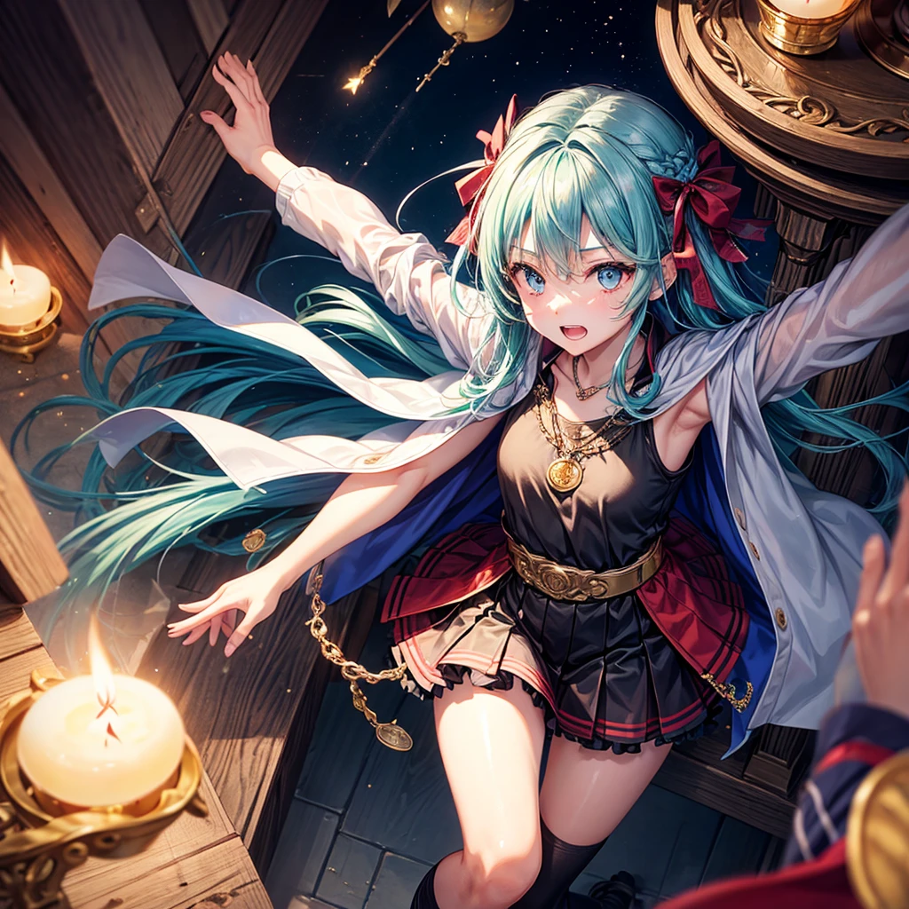 Aqua blue hair、Golden Eyes、Braid、One good looking girl、solo、anime、Checkered mini skirt、Ruffles on the skirt、Red T-shirt、Cape、Gothic、Black knee-high socks、bandana、Fluffy clothes、Wearing a ribbon、Ribbon on waist、Tilting face、Teeth are visible、Sunset sky、Piercing the clouds、Contrail、lotus leaves、Cumulonimbus、Pillar of Light、candle fire、Silver coin necklace、A world of light、Spreading his arms for balance、From above