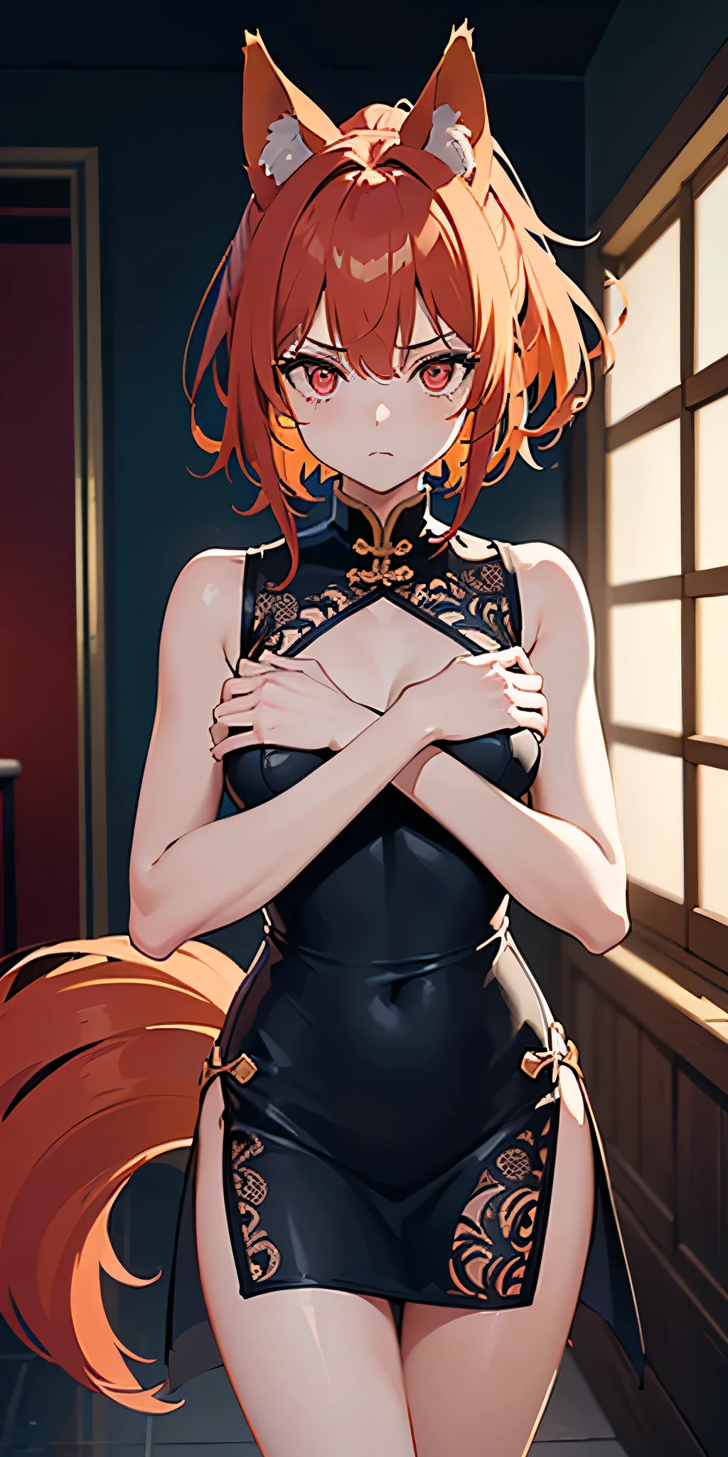 (((professional: Step by step, taking into account even the smallest detail, God-level final result, all intricate details, cowboy shot, solo 1girl view))): "1 fox girl, ruby eyes, fox ears, fox tail, high ponytail, firm breasts, medium breasts, smug, cute, short black china dress, very low-cut, short (very light clothing very thin and transparent like air), side full body, pelvic curtain, thigh ribbon, (pumps:1), (hugging own leg:1.1), chinese style, indoors, sharp focus, looking at viewer, (intricate:1.3), red light theme, (orange tone:0.7), illustration, hair and clothes blown up by strong wind, see body "