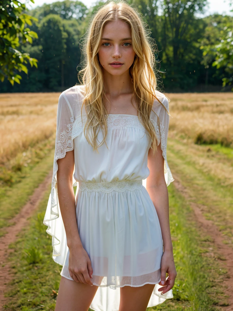 (best quality, masterpiece, highest detailed), (photorealistic:1.2), raw photo, professional photo, very thin girl, blonde, long blond hair, in a white transparent dress, ((wet)),  posing in a field in the rain, looking at the camera  ,(rain:0.8), sunlight passing through the hair,  (vibrant color), (intricate details), exposure blend, bokeh, dim light, (hdr:1.4), high contrast, (muted colors, dim colors, soothing tones:1.3), low  saturation, morbid