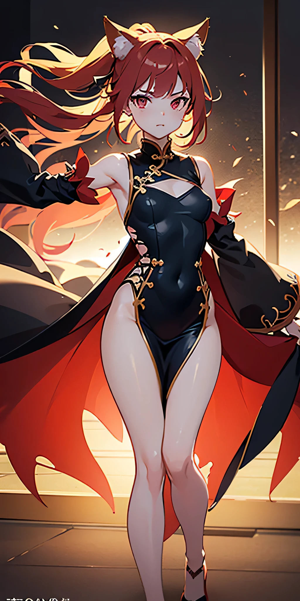 (((professional: Step by step, taking into account even the smallest detail, God-level final result, all intricate details, cowboy shot, solo 1girl view))): "1 fox girl, ruby eyes, fox ears, fox tail, high ponytail, firm breasts, medium breasts, smug, cute, short black china dress, very low-cut, short (very light clothing very thin and transparent like air), side full body, pelvic curtain, thigh ribbon, (pumps:1), (hugging own leg:1.1), chinese style, indoors, sharp focus, looking at viewer, (intricate:1.3), red light theme, (orange tone:0.7), illustration, hair and clothes blown up by strong wind, see body "