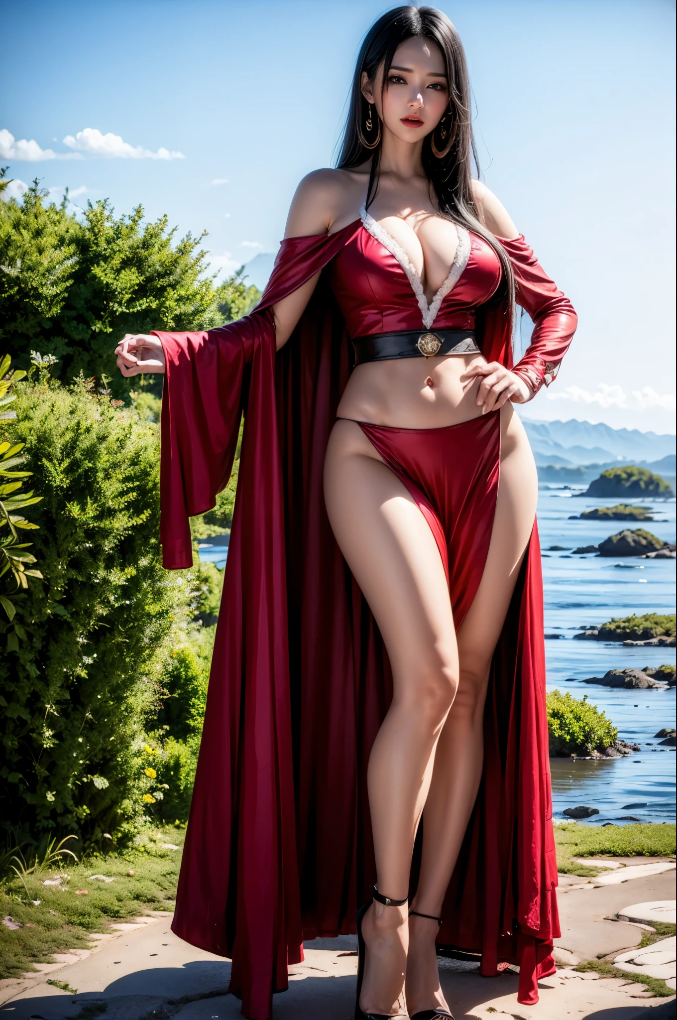 Full body, masterpiece, female drow elf purple skin standing pose, red cape, red bikini, long blonde hair, strong body, high heels, swamp background, water surface, daylight, trees, slave female with choker, folded, shackles on legs and arms