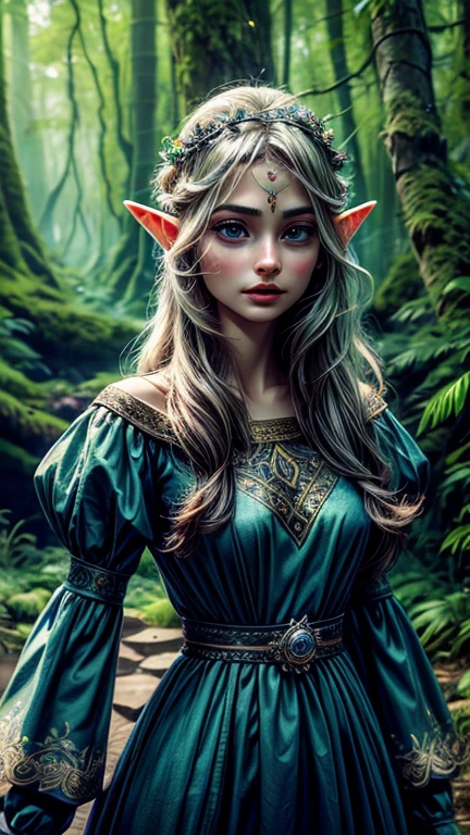 A beautiful elven princess, 1girl, elegant long flowing hair, delicate facial features, piercing blue eyes, long eyelashes, small nose, full lips, wearing an elaborate crown, intricate floral headdress, flowing ethereal dress, standing in a magical forest, sunlight filtering through the trees, lush greenery, mossy logs, wildflowers, fantasy, highly detailed, digital painting, cinematic lighting, vivid colors, photorealistic, 8k, best quality
