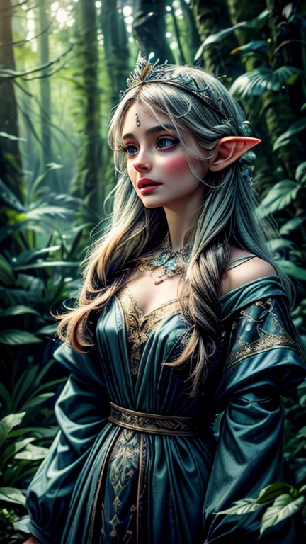 A beautiful elven princess, 1girl, elegant long flowing hair, delicate facial features, piercing blue eyes, long eyelashes, small nose, full lips, wearing an elaborate crown, intricate floral headdress, flowing ethereal dress, standing in a magical forest, sunlight filtering through the trees, lush greenery, mossy logs, wildflowers, fantasy, highly detailed, digital painting, cinematic lighting, vivid colors, photorealistic, 8k, best quality