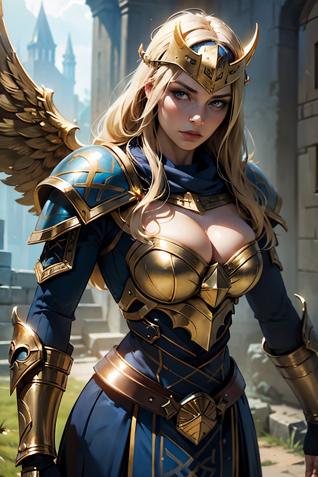 upskirt shot of a blonde Asgardian heroine. She wears dark blue armor, gold trim, (((Norse helm with gold wings))), armored glove, deep v neck. stern expression. blond hair, long hair, blue eyes, (detailed eyes, detailed face), detailed hands, pretty face, round cheeks, soft face. heavy gauntlet covers one hand, armoured boots. Show her in a heroic pose with hands on her hips. castle ruins background. pov from below. volumetric lighting