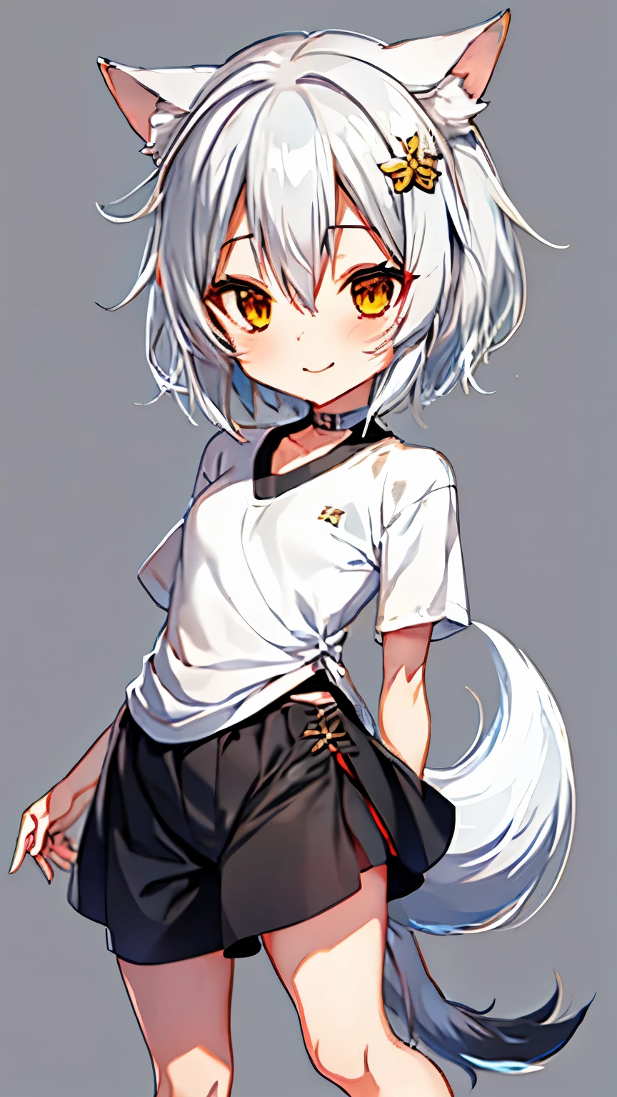 (Chibi:1.2), Anime style, White hair, Golden eyes, Wolf ears, Tail, Male, , Cute, Smiling, Anthropomorphic features, Short hairstyle, extremely detailed, wallpaper, best quality, Simple Background,