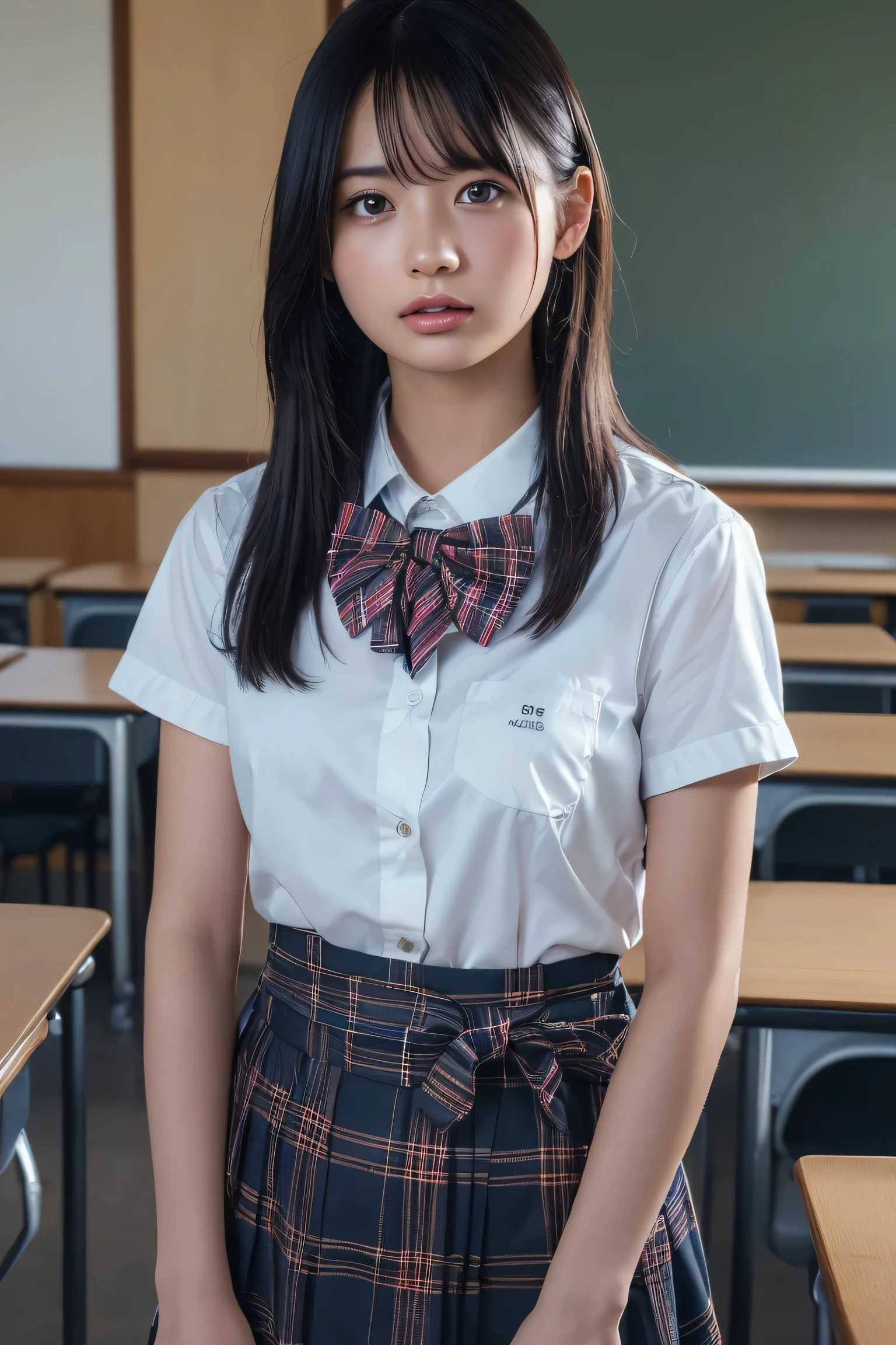 (best quality:1.4),(masterpiece:1.4),(photorealistic:1.4),(Realistic:1.2),(ultra high res, raw photo:1.4),(hdr, hyperdetailed:1.2),(8K:1.2),cinematic photo,photo of black hair,1girl,solo,wearing ,plaid skirt,kneehighs,bowtie,standing,((Japanese classroom)),、((Upper Body:1.3))