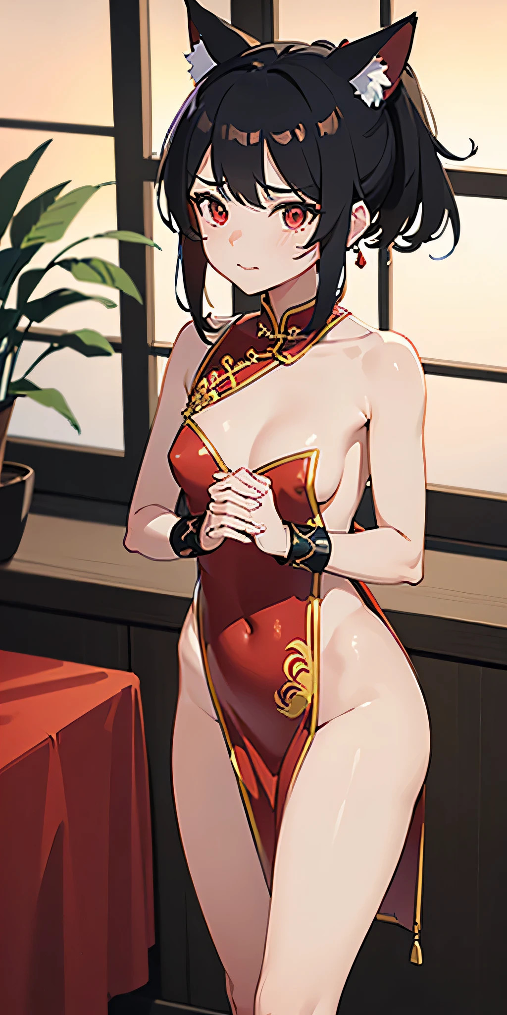 (((professional: Step by step, taking into account even the smallest detail, God-level final result, all intricate details, cowboy shot, solo 1girl view))): "1 fox girl, ruby eyes, fox ears, fox tail, high ponytail, smug, cute, short black china dress, side full body, pelvic curtain, thigh ribbon, (pumps:1), (hugging own leg:1.1), chinese style, indoors, sharp focus, looking at viewer, (intricate:1.3), red light theme, (orange tone:0.7), illustration, random angle, see body, nude ",+18,nsfw, hair and clothes blown up by strong wind