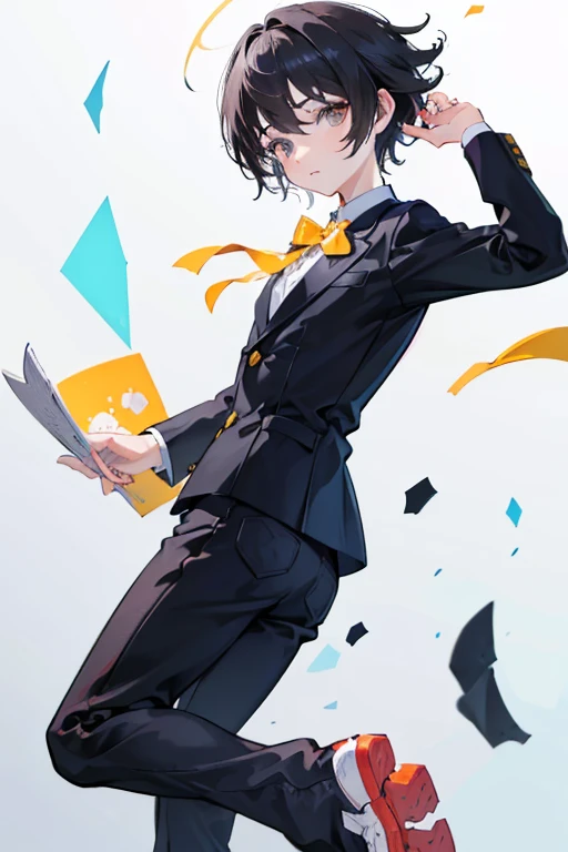 boy, black hair, short hair, messy hair, hair spread out, from side, 8k, super detail, ccurate, best quality, Suit, fullbody