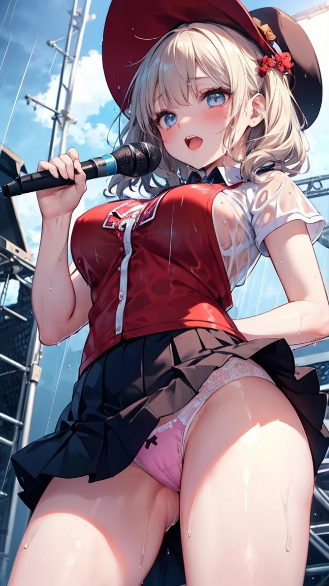 Anatomically correct,high resolution, best quality, girls, , baby face, cute face, (wet hair), beautiful hair, short twintail hair, (large breasts), slender, detailed eyes, cute eyes, beautiful legs, slim-legs, (wet skin), blush, random facial expression, (from very below:1.3),idol,(detailed wet idol costume), mini skirt, (detailed wet panties),(panties very wedgie:1.2),(outdoor stage),rainy sky,It rains,sing a song,sing with a microphone,dynamic pose,