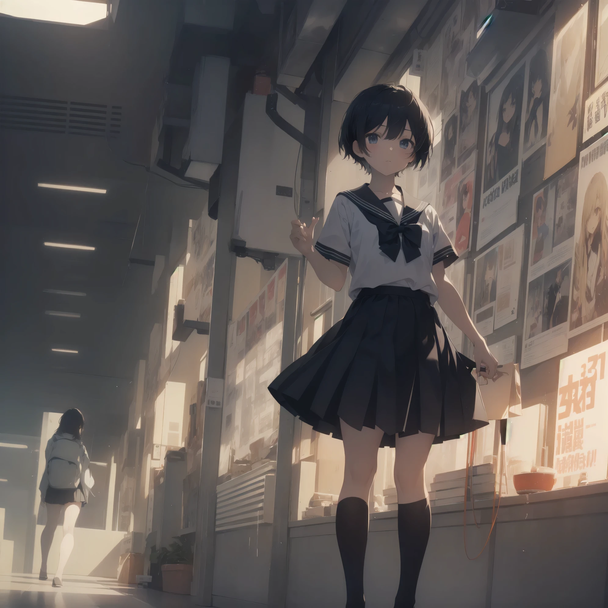 ultra-absurdres-Top quality by artist God, ultra-detailed, high resolution, anime moe artstyle, best anime 8k konachan wallpaper, pixiv contest winner, pool:2810, perfect anatomy,break, 1girl, (Please draw a girl walking sleepily to school alone. )break,(Solo,little female, 13-year-old:1.3),Full limbs, complete fingers,a junior high school student, (very short hair), short cut, flat chest, , small butt, small black eyes, beautiful detailed eyes, well-proportioned iris and pupils, expressive eyes, highres detailed hair, soft expression, salor school_uniform, sailor collar, serahuku, bow, pleated skirt,(Detailed Lighting), (Detailed background), in the School commute route. break,super detailed skin, Best cinematic lighting powered by famous artist, 8k,beauty illustration,photoshop_(medium),very aesthetic,break,((artist:drawfag )), artist:clamp ,artist:carnelian ,artist:kantoku ,