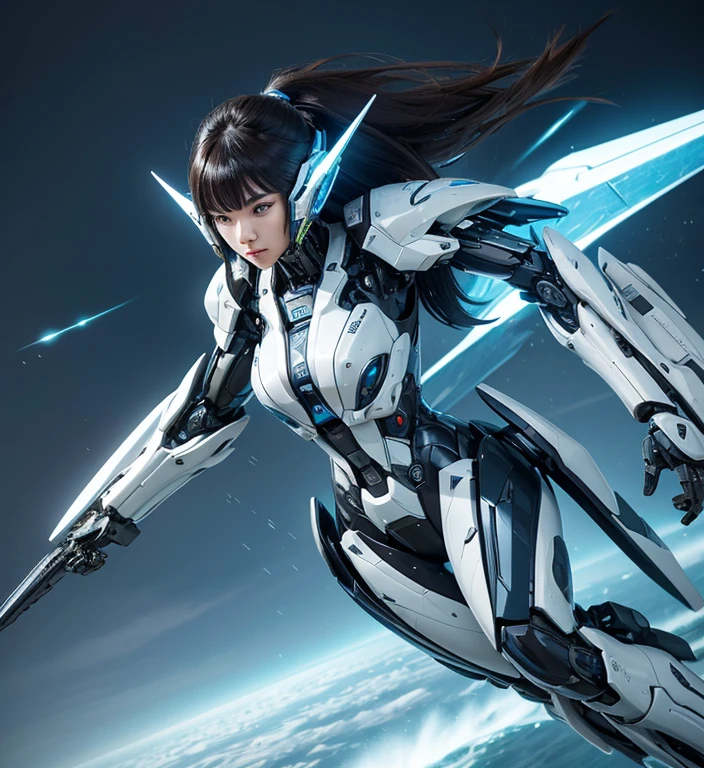 Textured skin, Super Detail, high details, High quality, Best Quality, hight resolution, 1080p, hard disk, Beautiful,(Wind Blade),beautiful cyborg woman,Mecha Cyborg Girl,Battle Mode,Girl with a Mecha Body,She wears a futuristic Transformers mech,Fulll body Shot,A powerful cyborg woman, sleek and futuristic, with advanced mechanical augmentations that enhance her strength and capabilities.