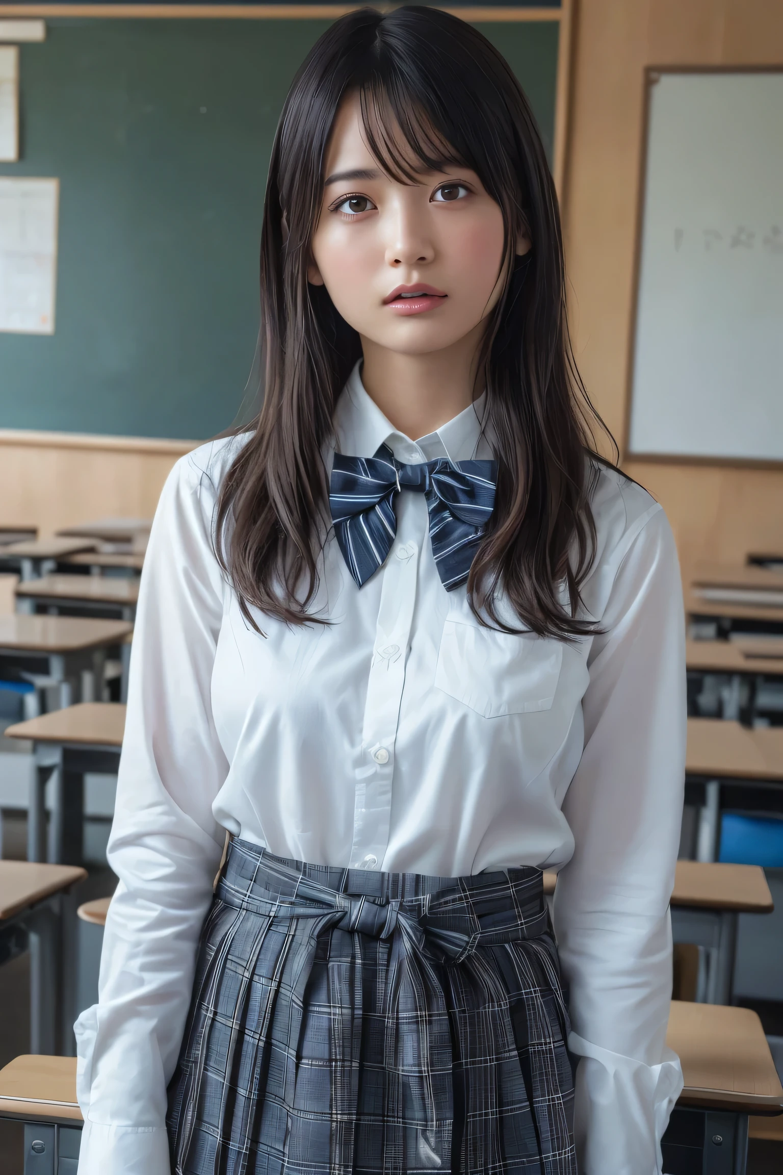(best quality:1.4),(masterpiece:1.4),(photorealistic:1.4),(Realistic:1.2),(ultra high res, raw photo:1.4),(hdr, hyperdetailed:1.2),(8K:1.2),cinematic photo,photo of black hair,1girl,solo,wearing ,plaid skirt,kneehighs,bowtie,standing,((Japanese classroom)),、((Upper Body:1.3))