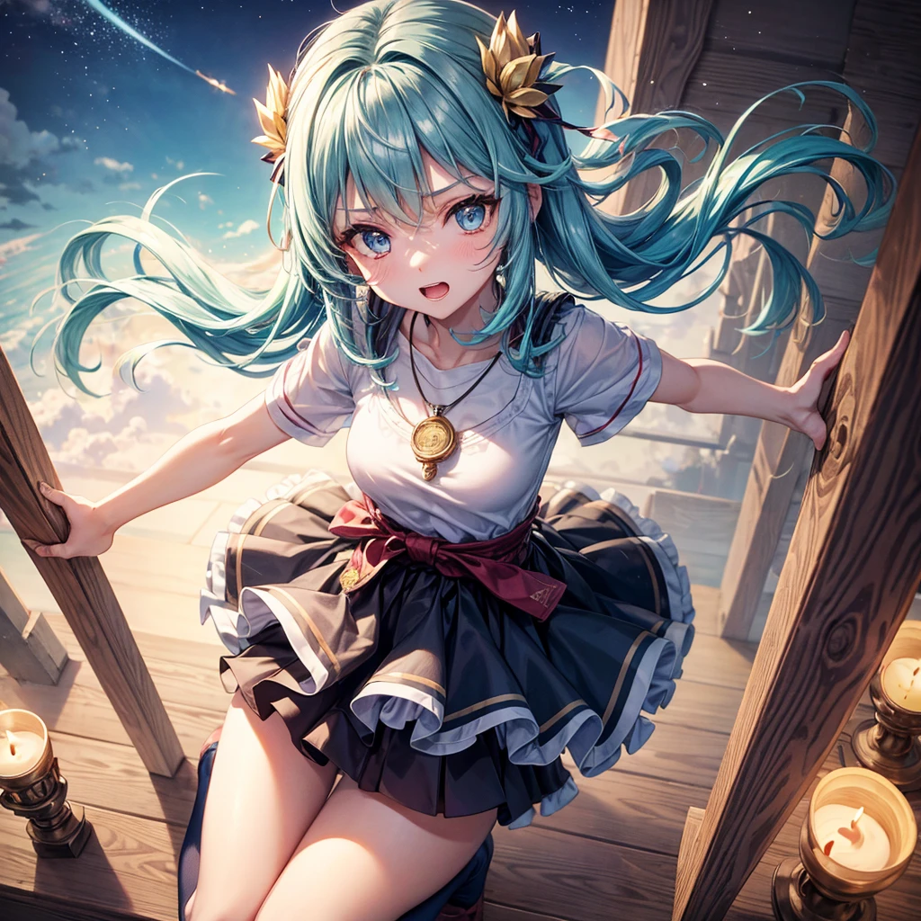 Aqua blue hair、Golden Eyes、Braid、One good looking girl、solo、anime、Checkered mini skirt、Ruffles on the skirt、Red T-shirt、Cape、Gothic、Black knee-high socks、bandana、Fluffy clothes、Wearing a ribbon、Ribbon on waist、Tilting face、Teeth are visible、Sunset sky、Piercing the clouds、Contrail、lotus leaves、Cumulonimbus、Pillar of Light、candle fire、Silver coin necklace、A world of light、Spreading his arms for balance、From above