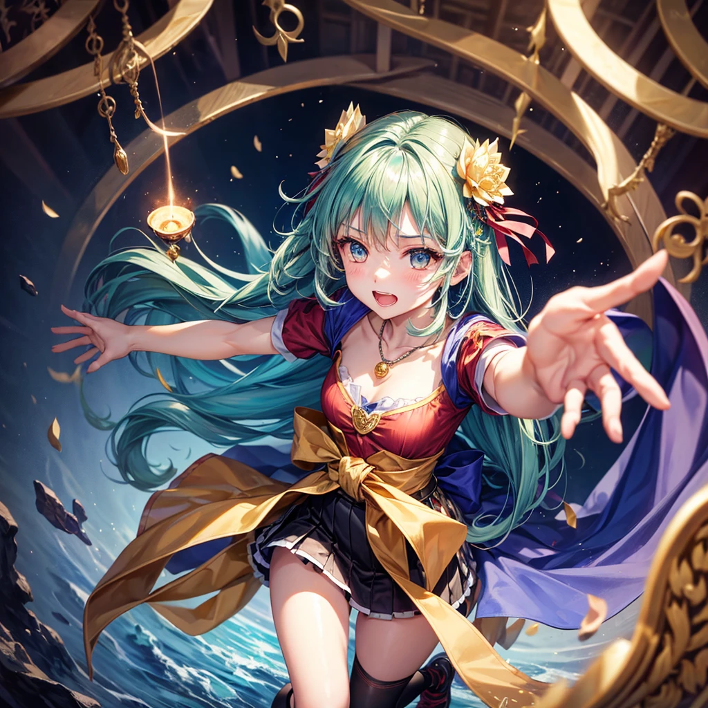 Aqua blue hair、Golden Eyes、Braid、One good looking girl、solo、anime、Checkered mini skirt、Ruffles on the skirt、Red T-shirt、Cape、Gothic、Black knee-high socks、bandana、Fluffy clothes、Wearing a ribbon、Ribbon on waist、Tilting face、Teeth are visible、Sunset sky、Piercing the clouds、Contrail、lotus leaves、Cumulonimbus、Pillar of Light、candle fire、Silver coin necklace、A world of light、Spreading his arms for balance、From above